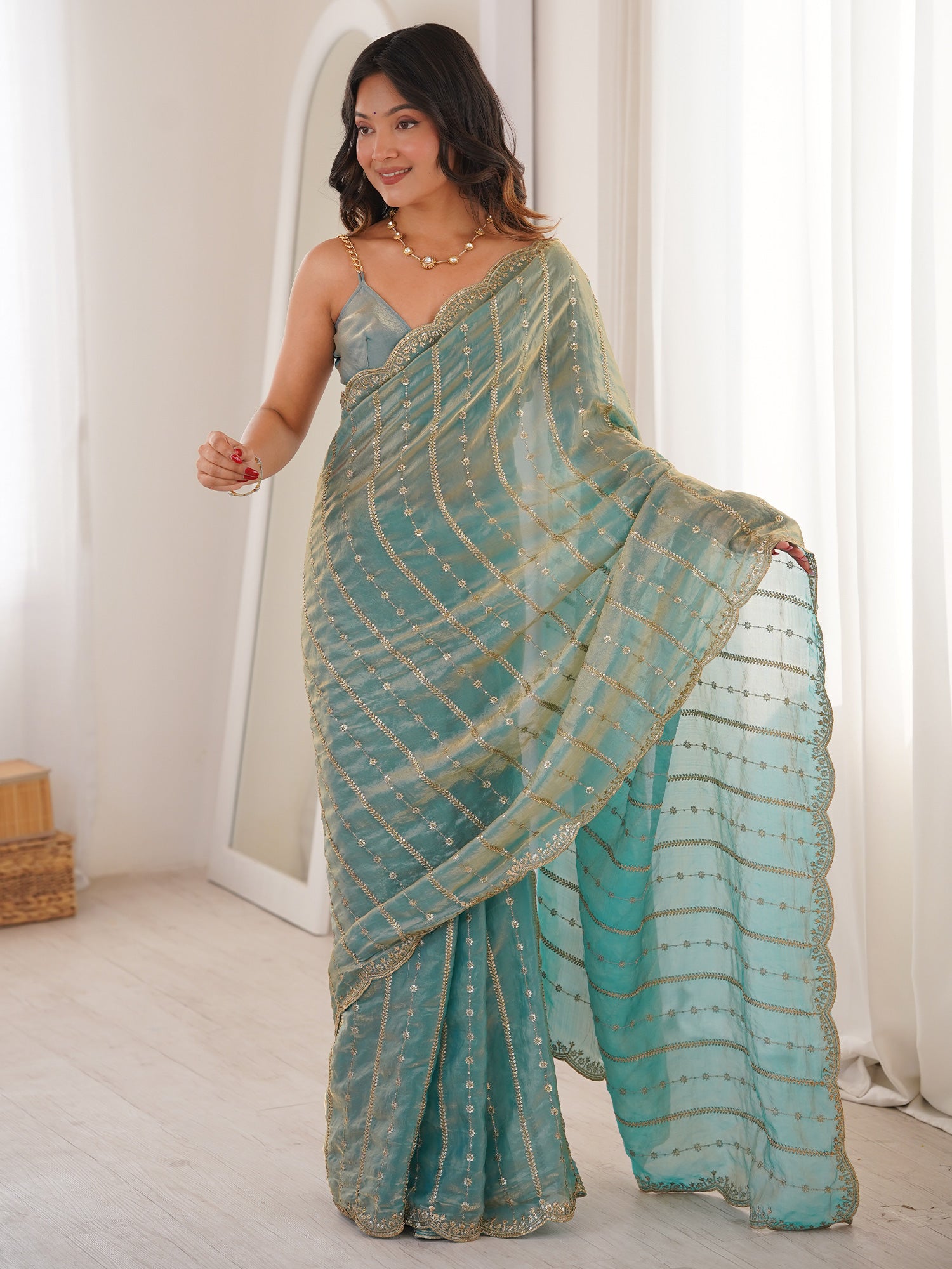 Women's Satin Light Blue Embellished Designer Saree With Blouse Piece