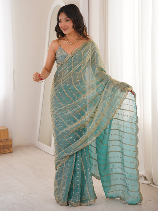 Women's Satin Light Blue Embellished Designer Saree With Blouse Piece