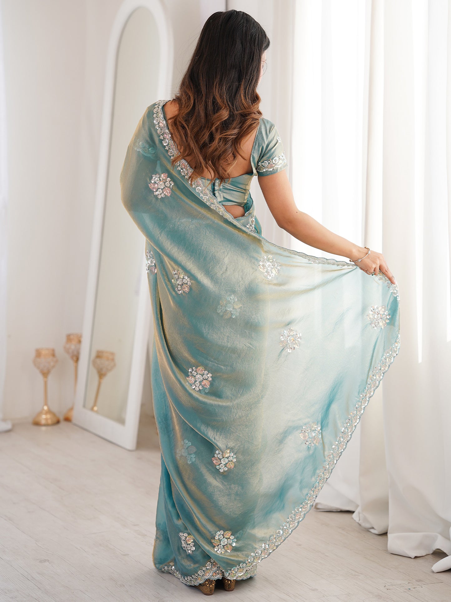 Women's Satin Light Blue Embellished Designer Saree With Blouse Piece