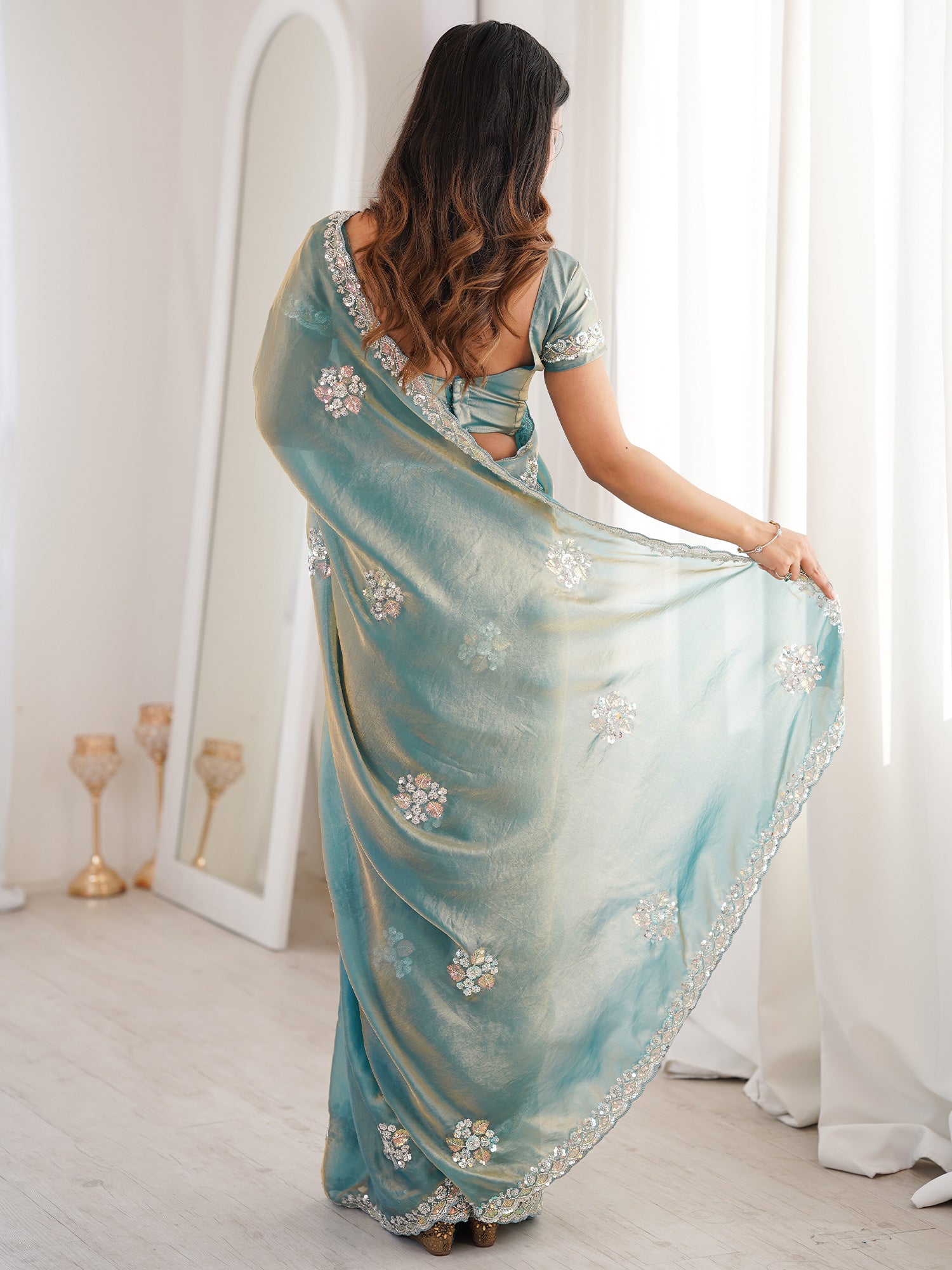 Women's Satin Light Blue Embellished Designer Saree With Blouse Piece
