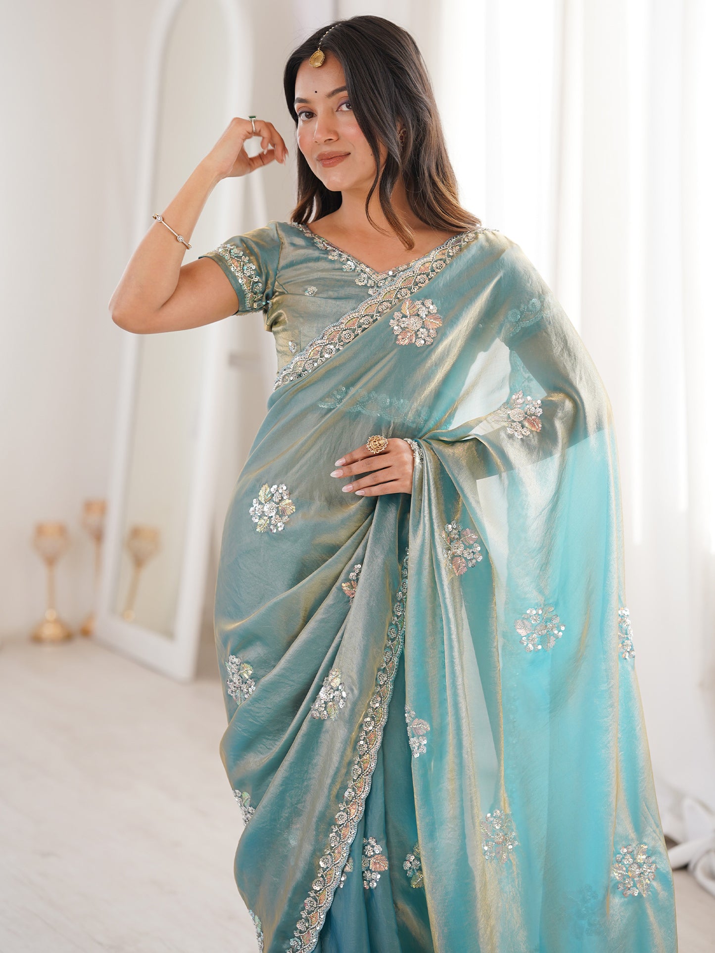 Women's Satin Light Blue Embellished Designer Saree With Blouse Piece