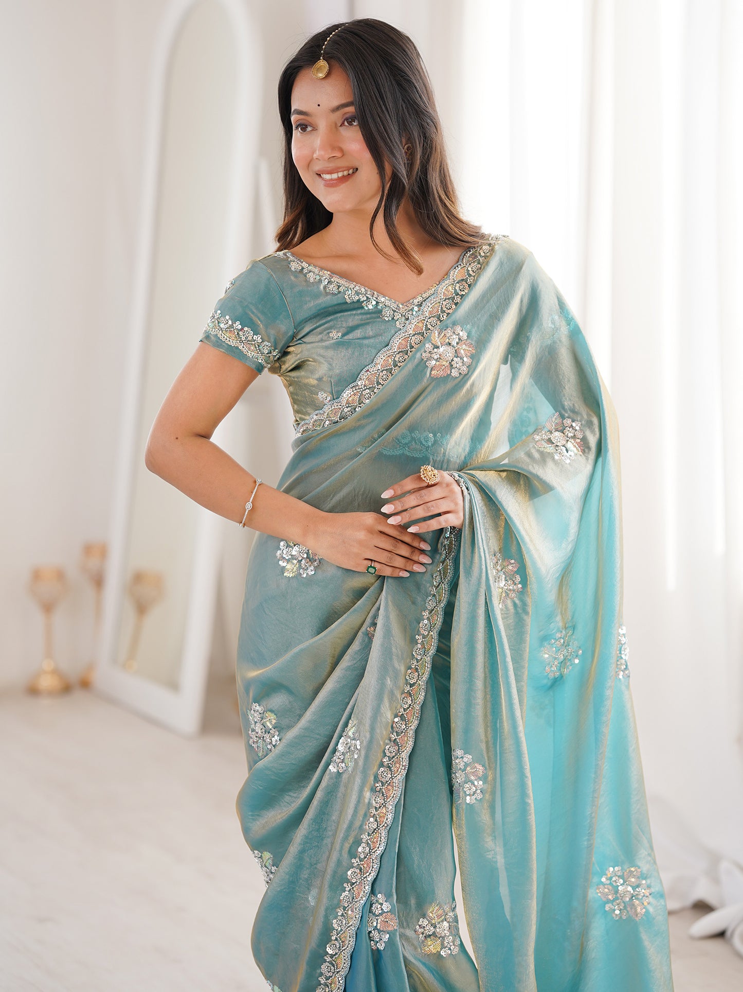 Women's Satin Light Blue Embellished Designer Saree With Blouse Piece