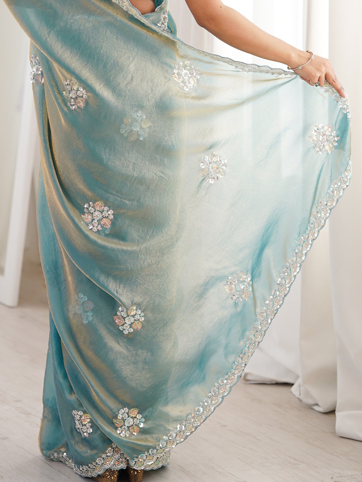 Women's Satin Light Blue Embellished Designer Saree With Blouse Piece