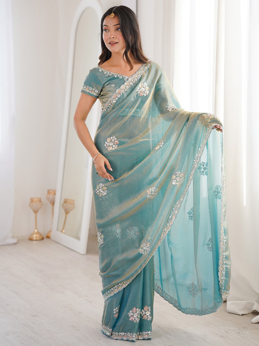 Women's Satin Light Blue Embellished Designer Saree With Blouse Piece