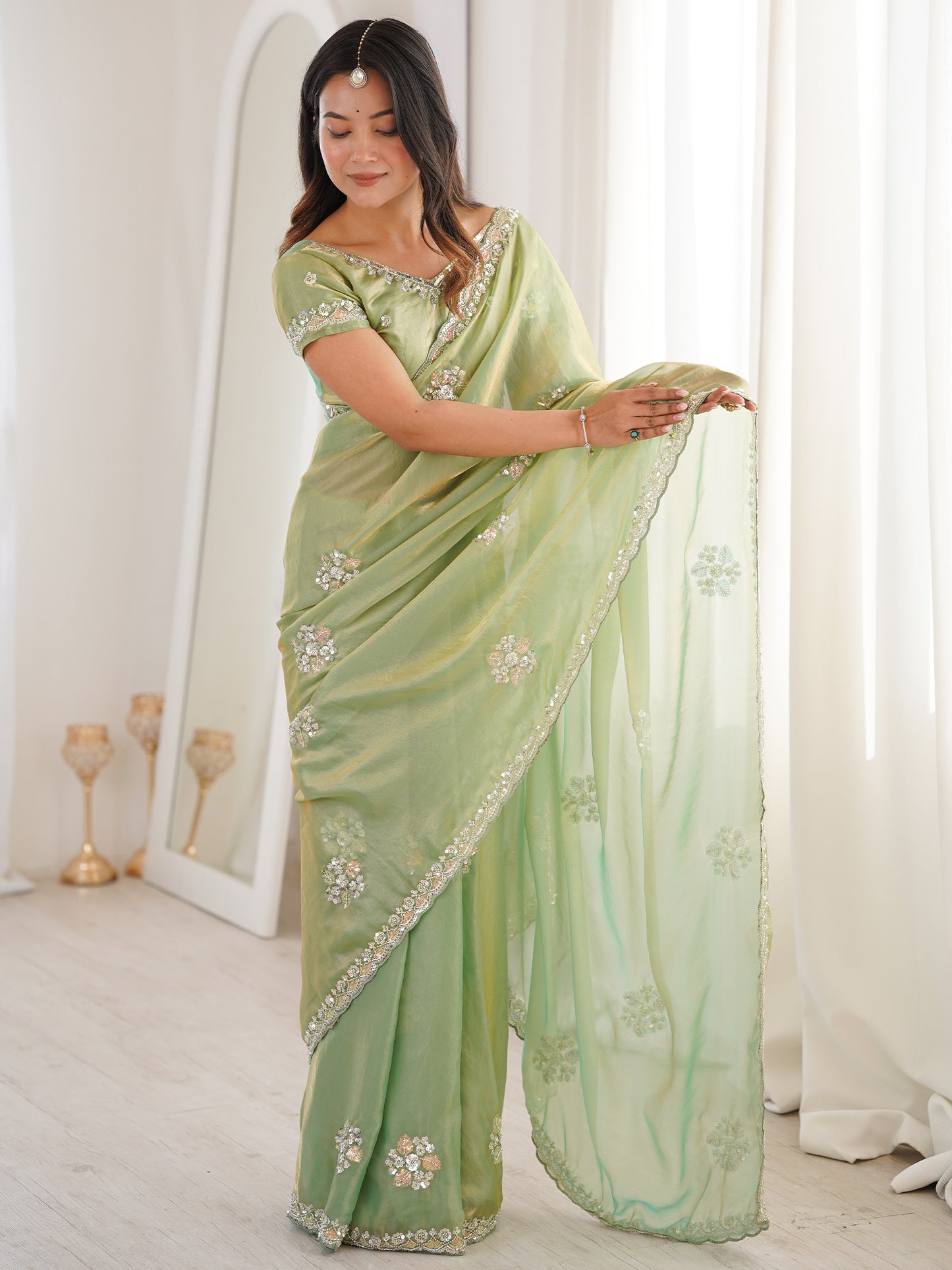 Women's Satin Sea Green Embellished Designer Saree With Blouse Piece