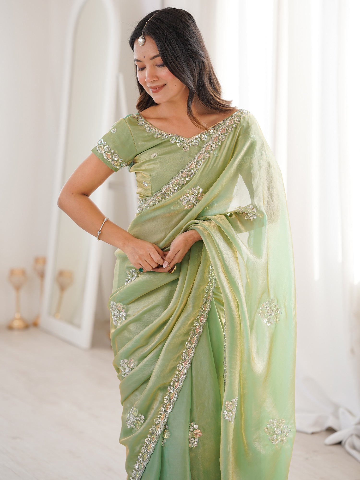 Women's Satin Sea Green Embellished Designer Saree With Blouse Piece