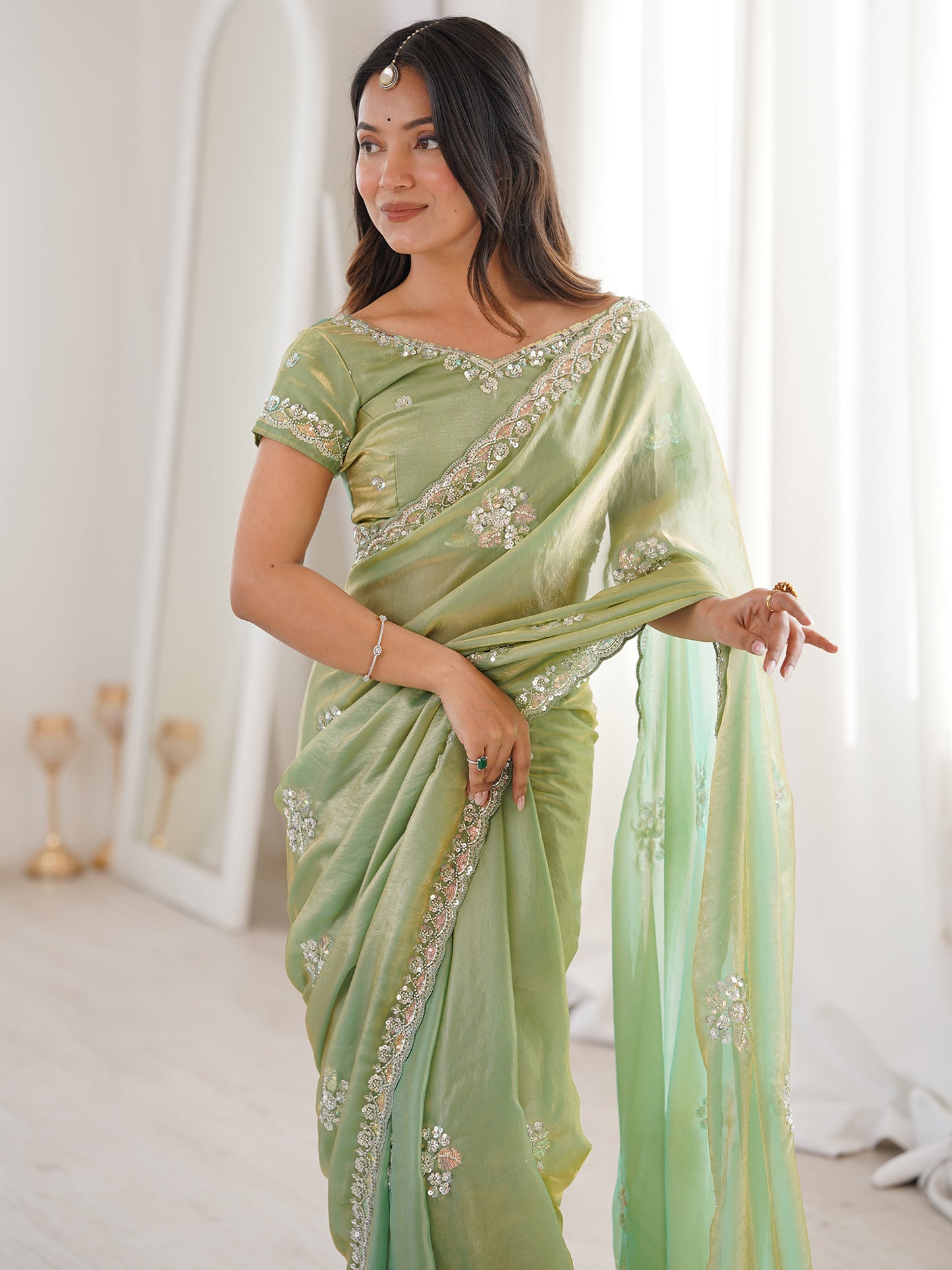 Women's Satin Sea Green Embellished Designer Saree With Blouse Piece