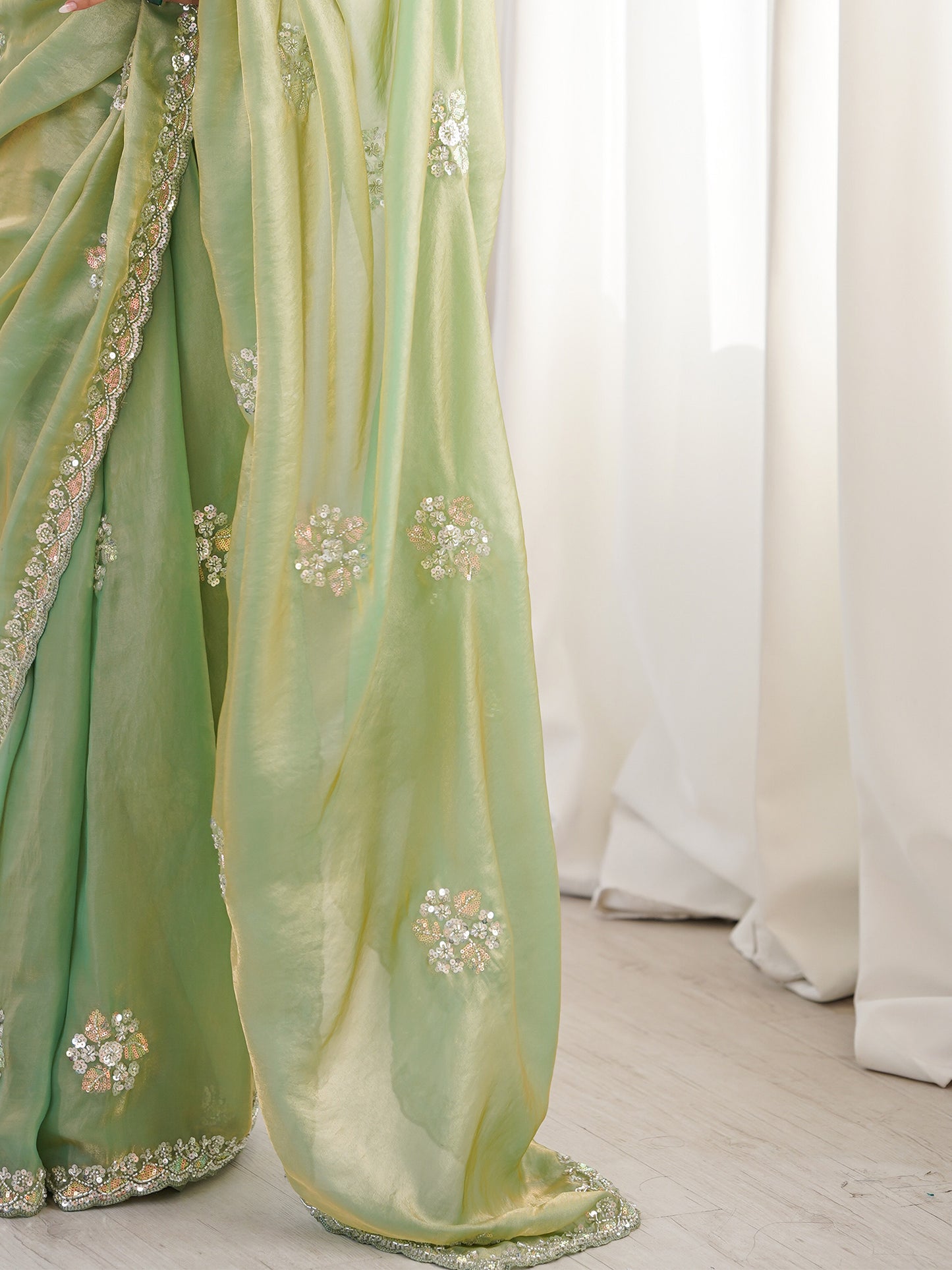 Women's Satin Sea Green Embellished Designer Saree With Blouse Piece
