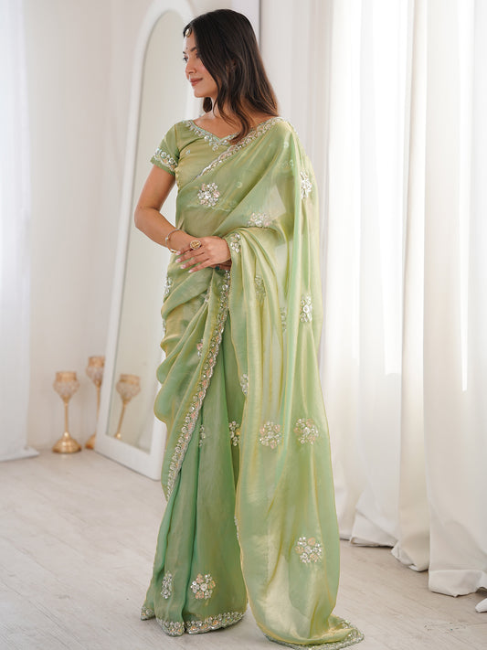 Women's Satin Sea Green Embellished Designer Saree With Blouse Piece