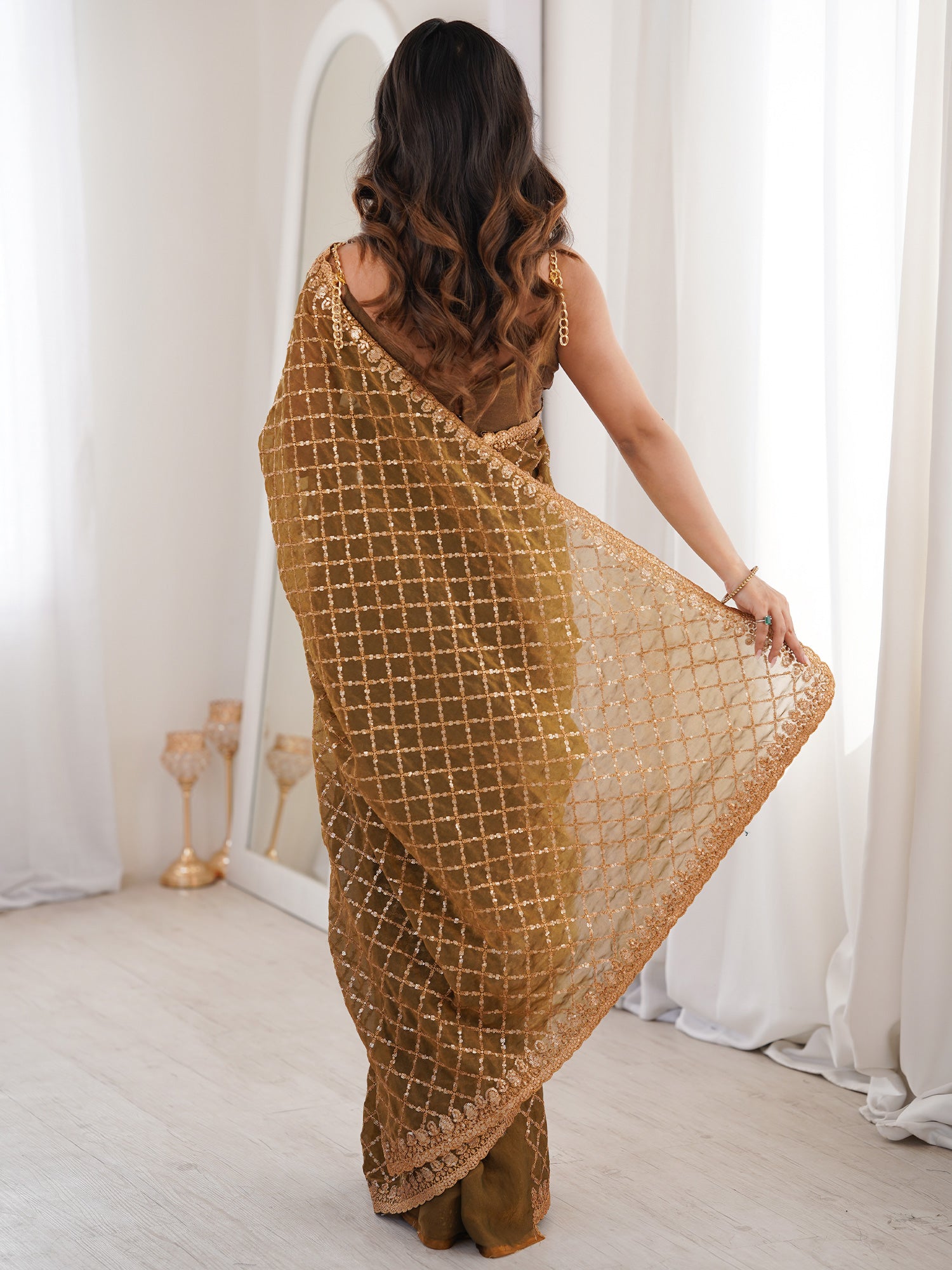 Women's Tissue Olive Embellished Designer Saree With Blouse Piece