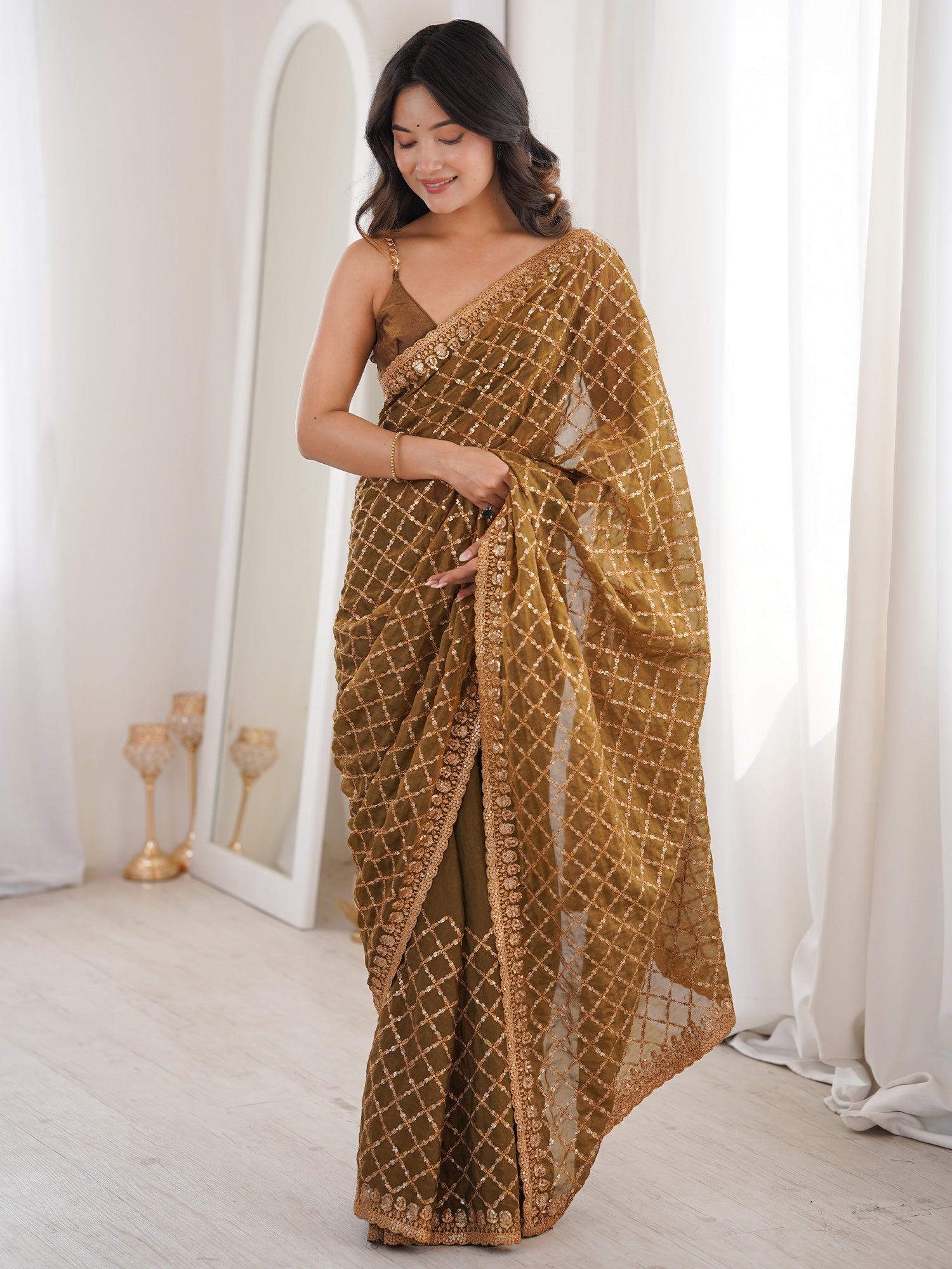 Women's Tissue Olive Embellished Designer Saree With Blouse Piece