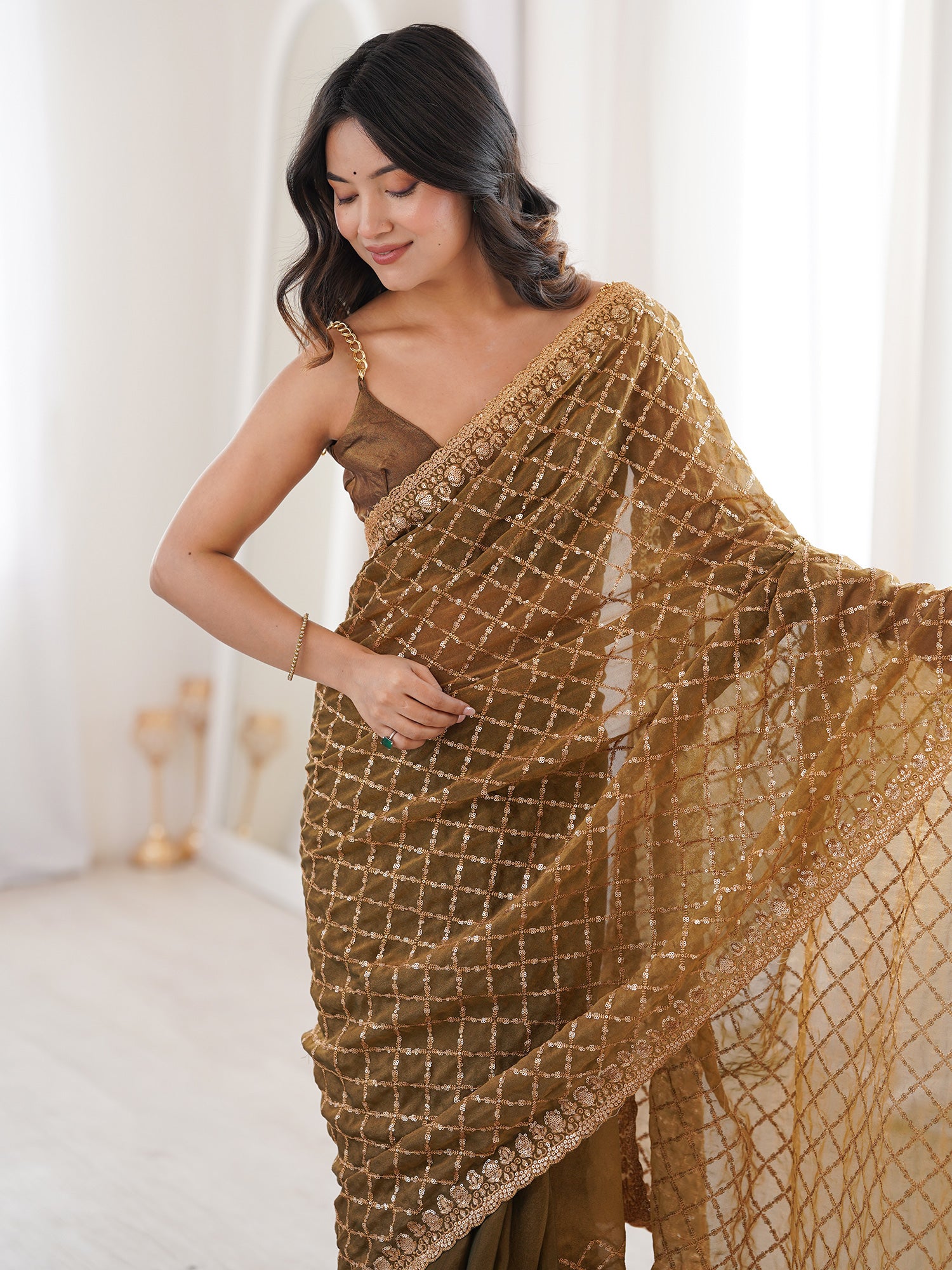 Women's Tissue Olive Embellished Designer Saree With Blouse Piece