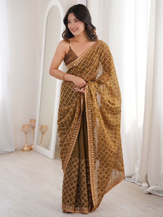 Women's Tissue Olive Embellished Designer Saree With Blouse Piece