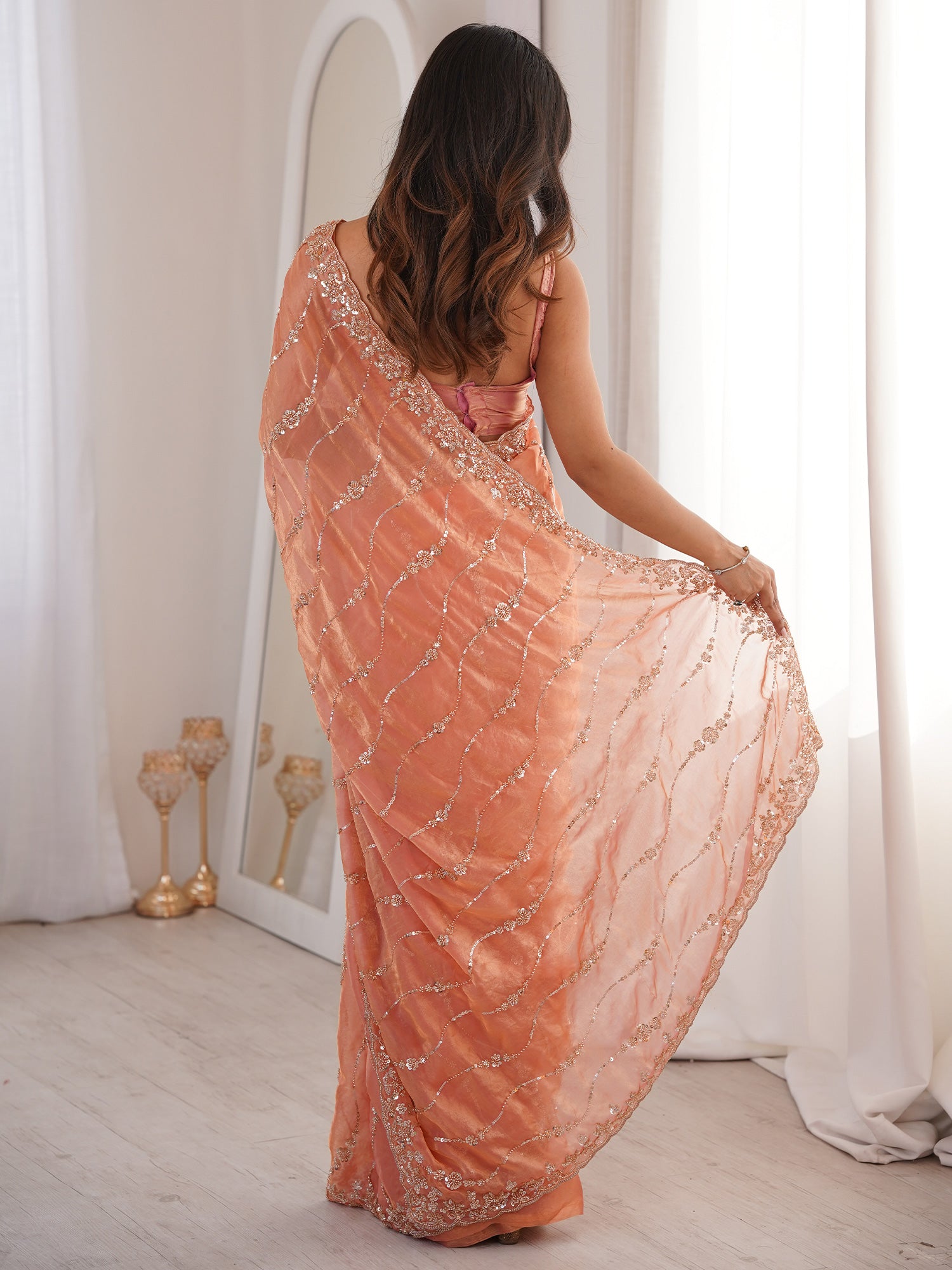 Women's Satin Peach Embellished Designer Saree With Blouse Piece