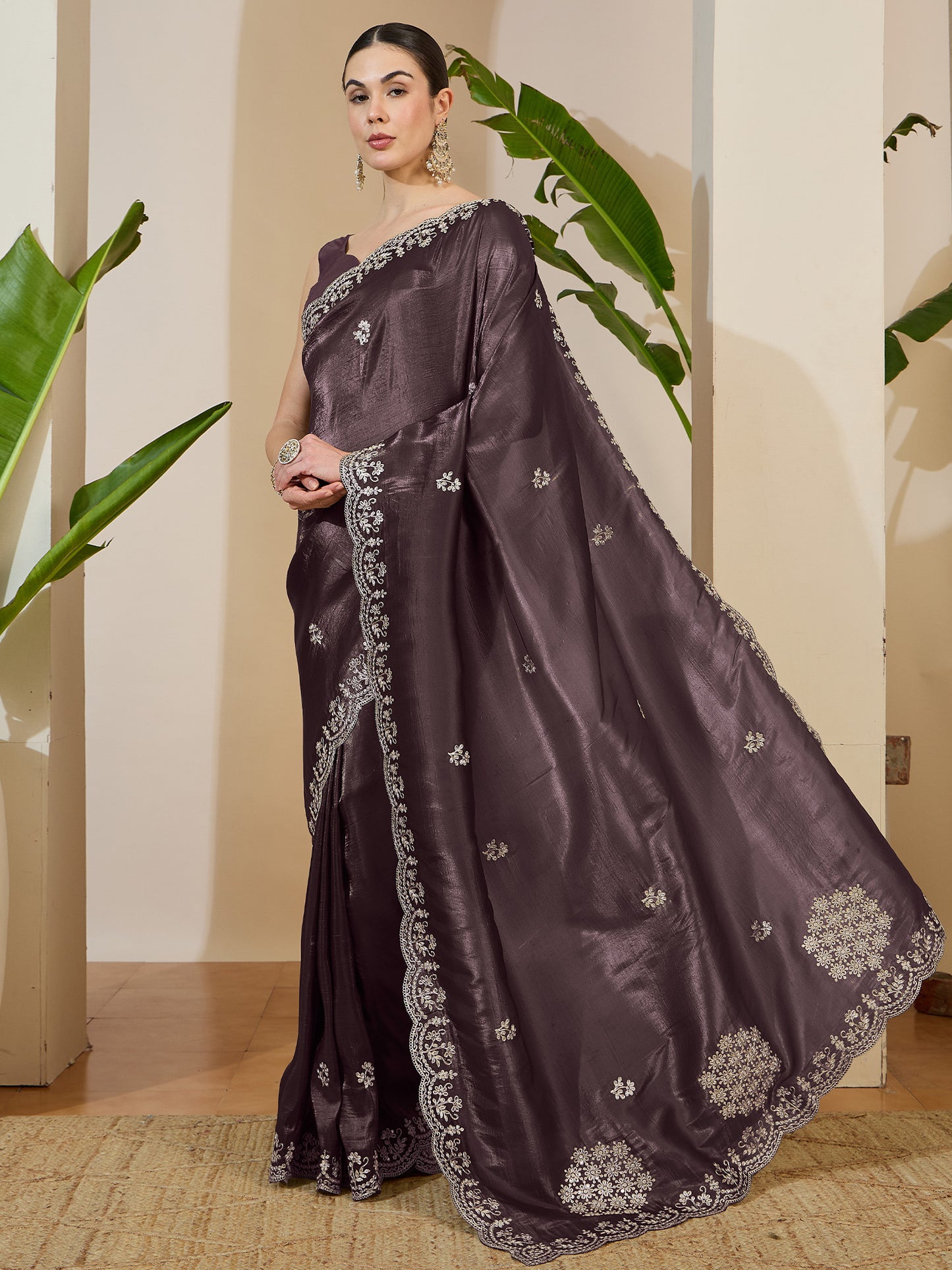 Women's Tissue Coffee Brown Zari Embroidered Designer Saree With Blouse Piece