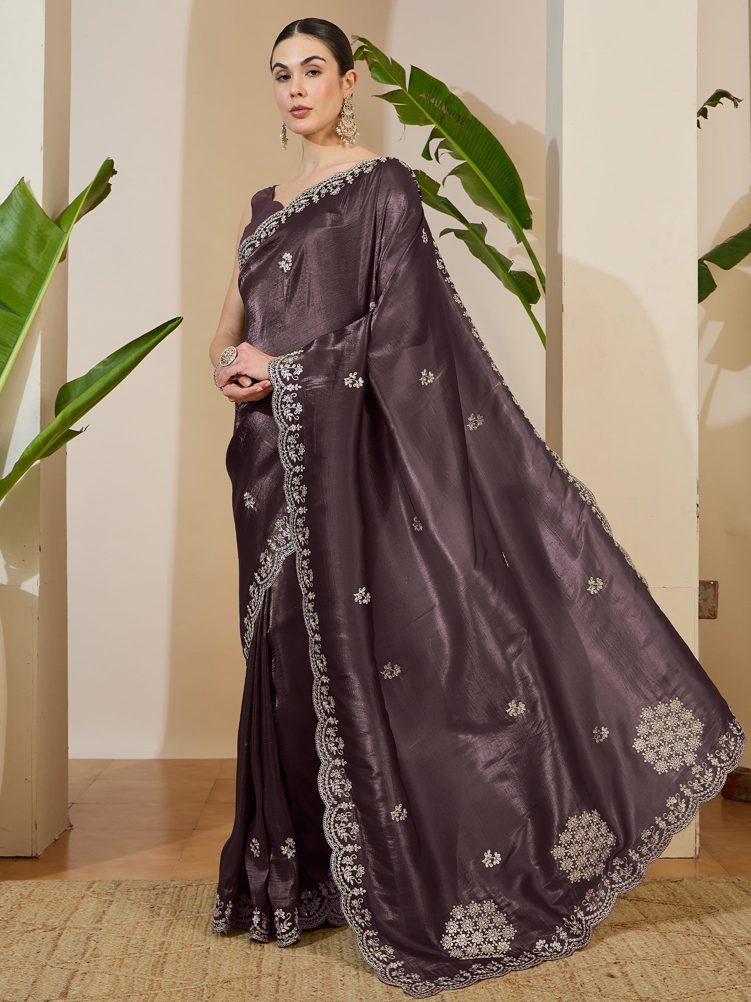 Women's Tissue Coffee Brown Zari Embroidered Designer Saree With Blouse Piece