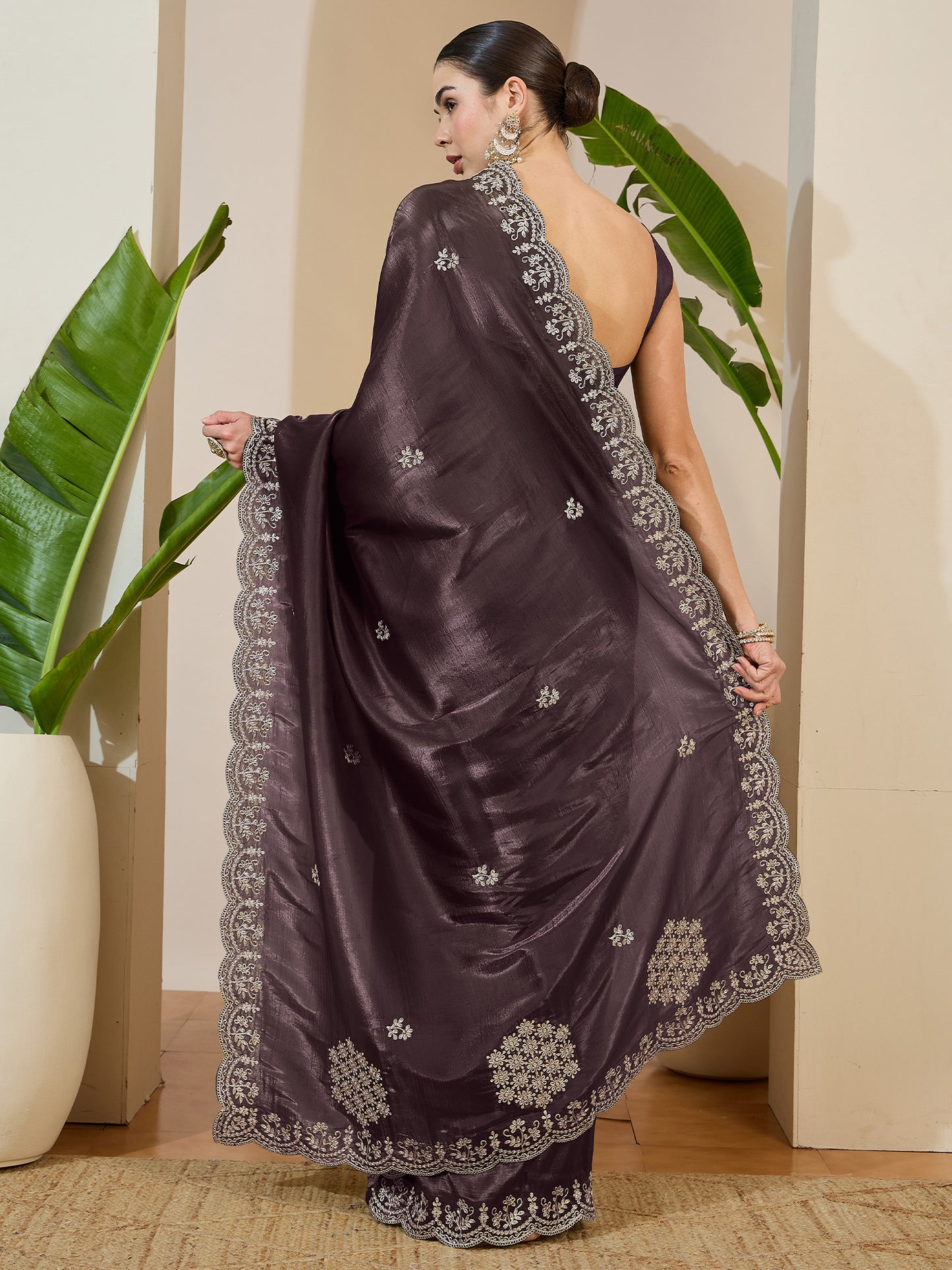 Women's Tissue Coffee Brown Zari Embroidered Designer Saree With Blouse Piece