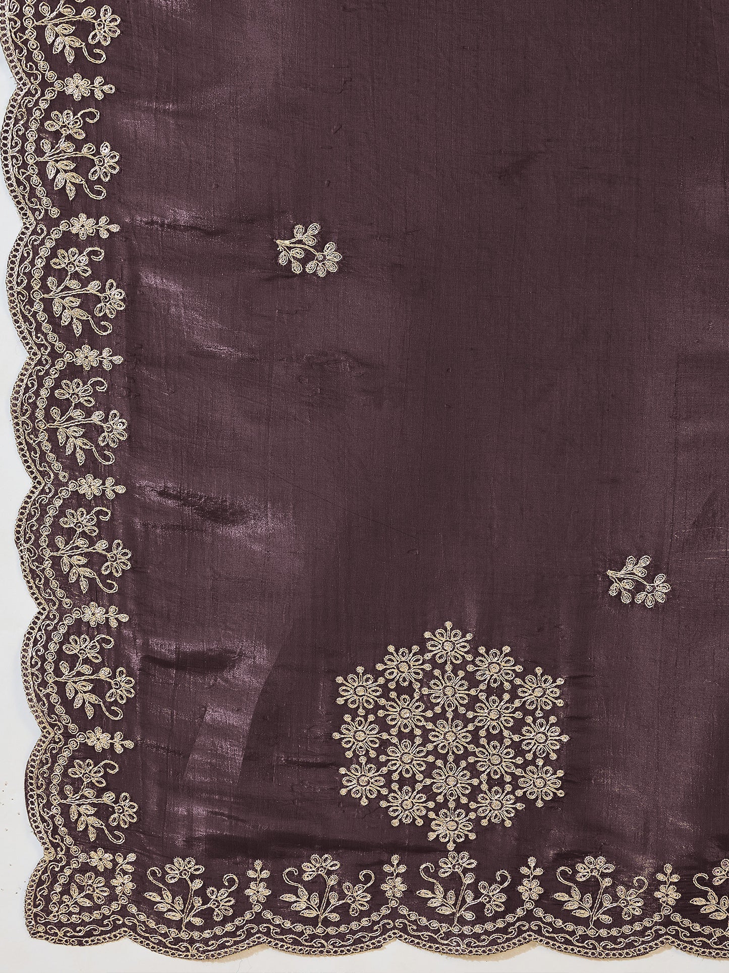 Women's Tissue Coffee Brown Zari Embroidered Designer Saree With Blouse Piece