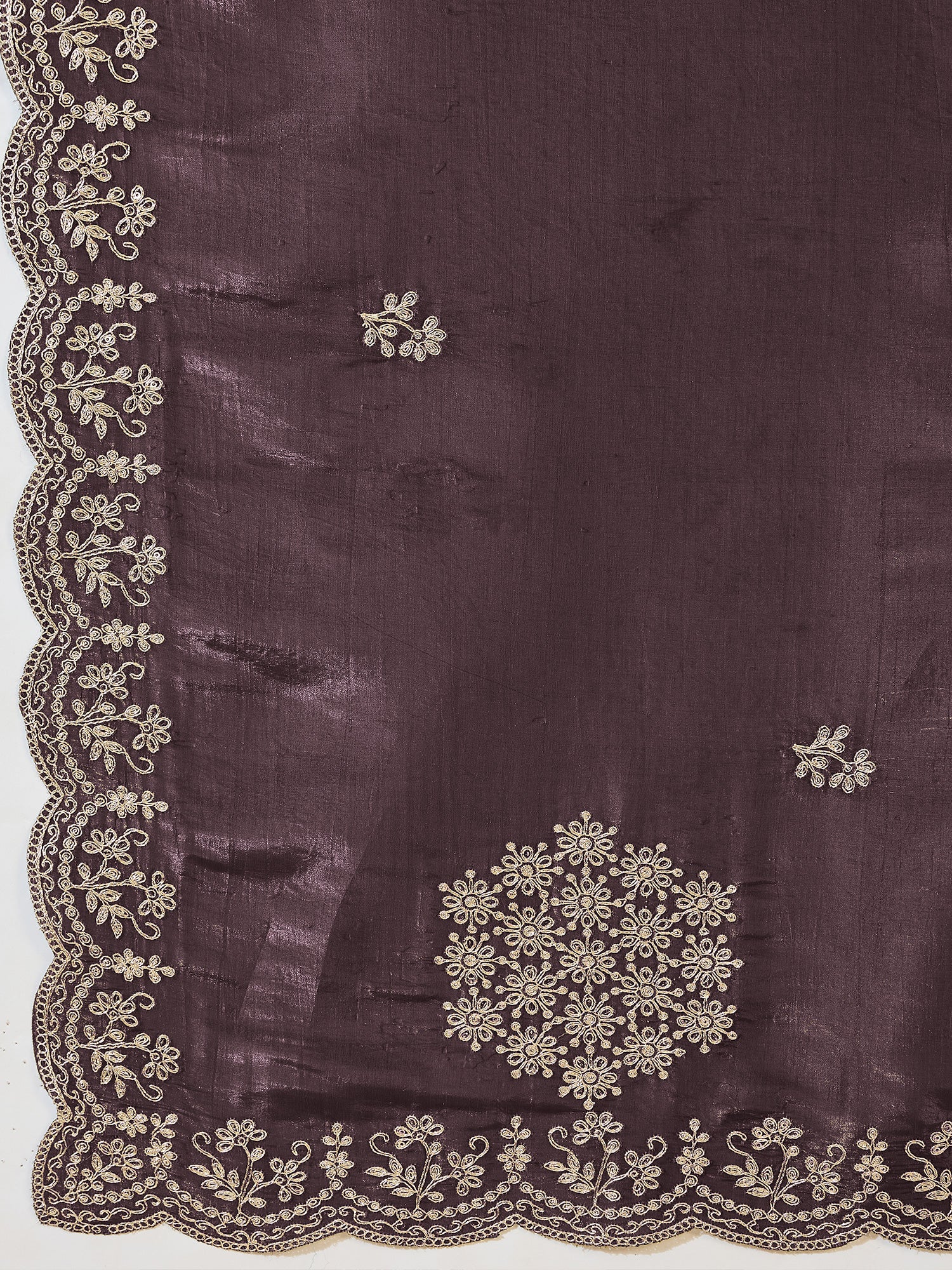 Women's Tissue Coffee Brown Zari Embroidered Designer Saree With Blouse Piece