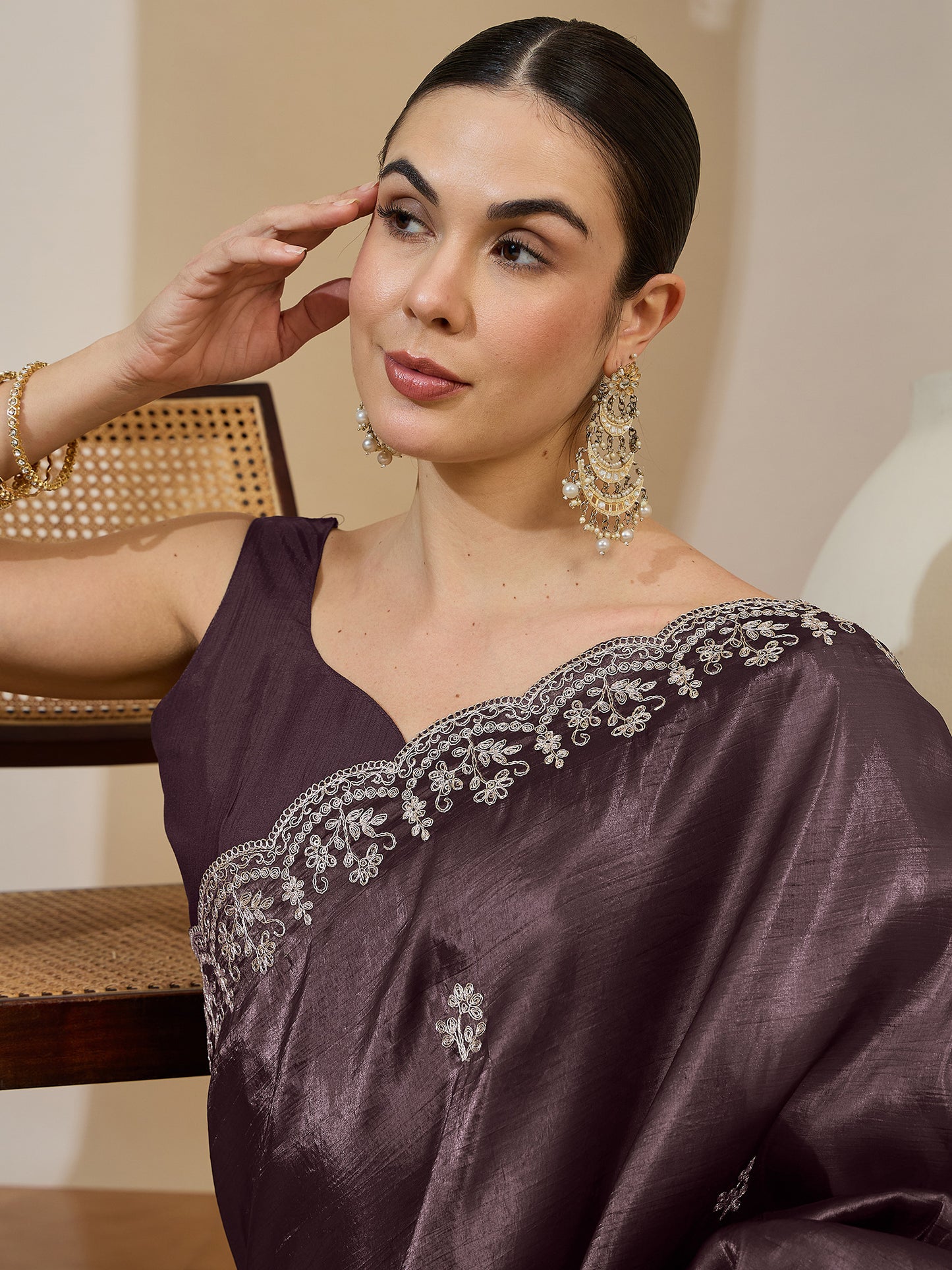 Women's Tissue Coffee Brown Zari Embroidered Designer Saree With Blouse Piece