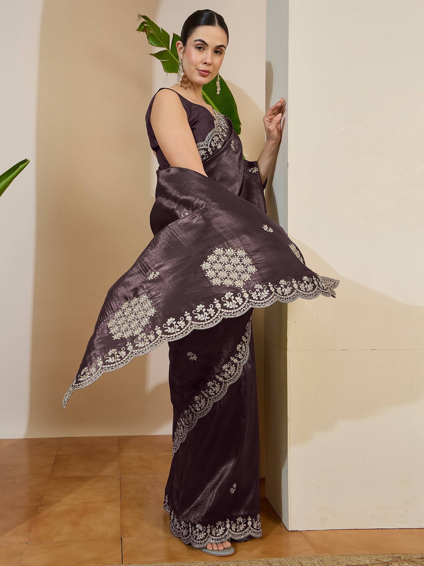 Women's Tissue Coffee Brown Zari Embroidered Designer Saree With Blouse Piece