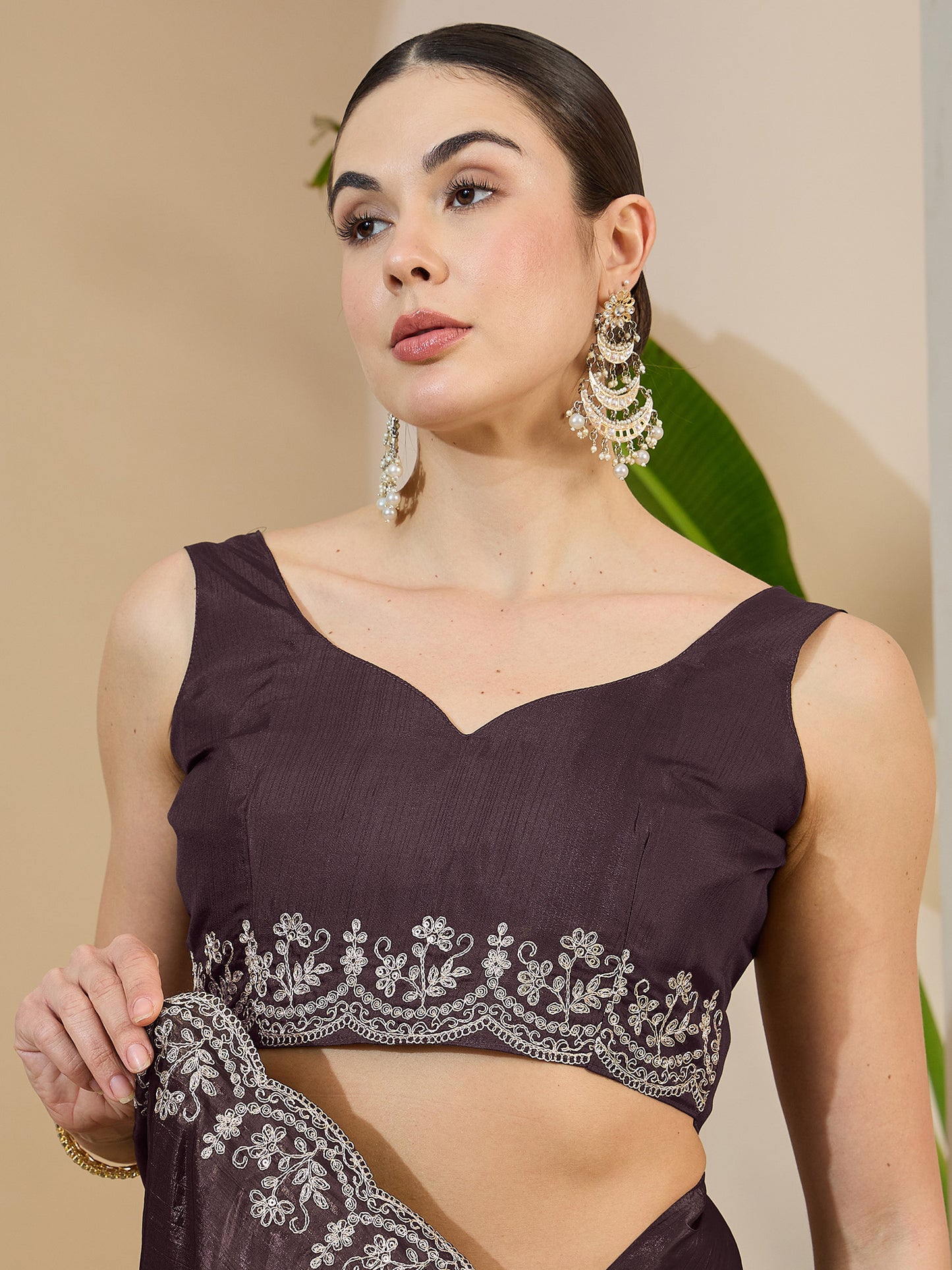 Women's Tissue Coffee Brown Zari Embroidered Designer Saree With Blouse Piece
