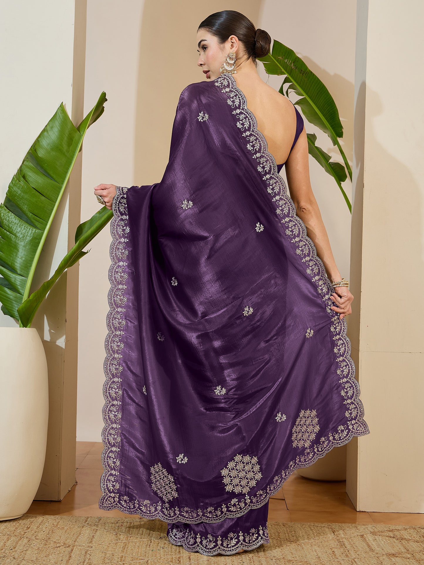 Women's Tissue Wine Zari Embroidered Designer Saree With Blouse Piece