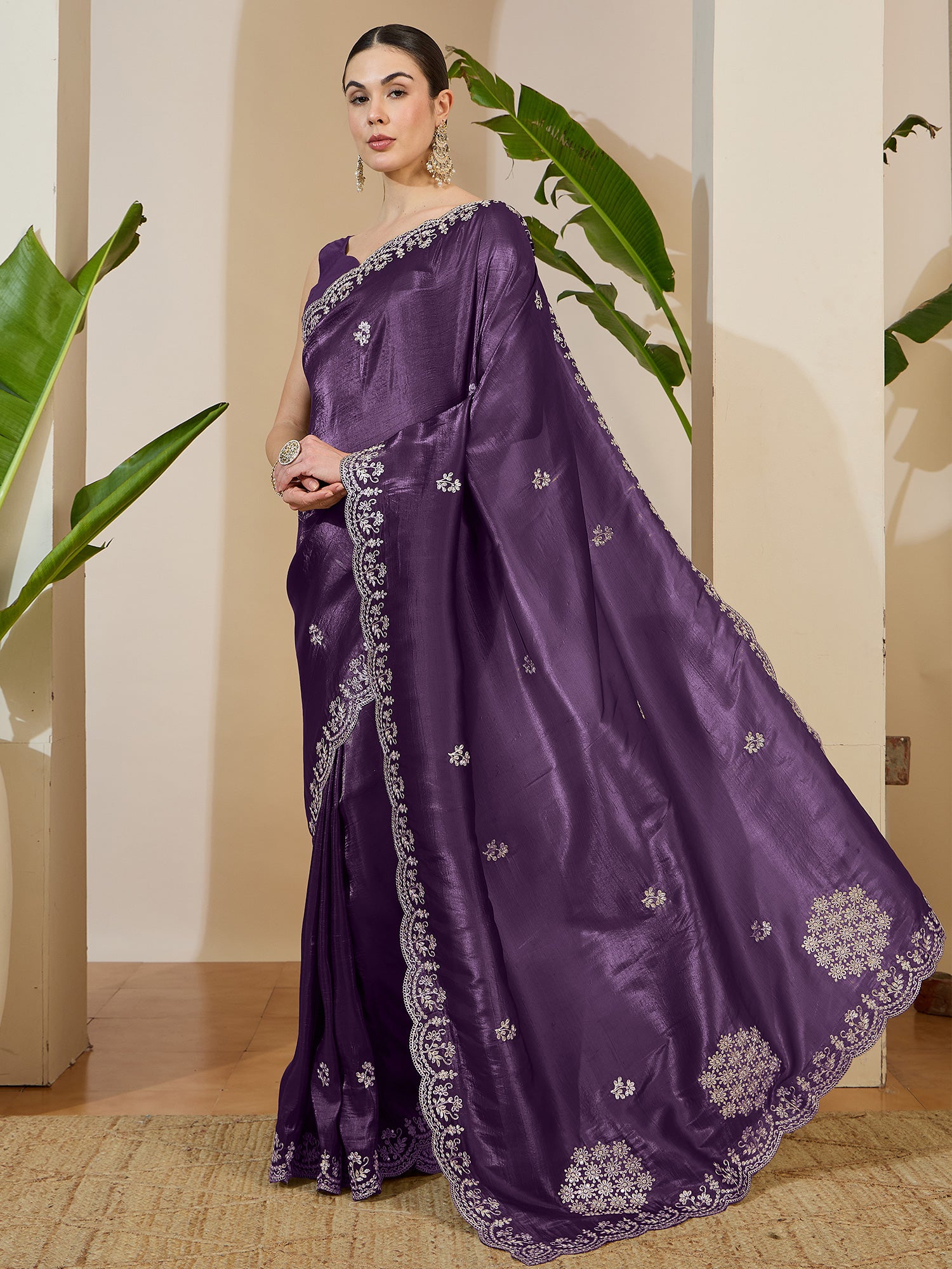Women's Tissue Wine Zari Embroidered Designer Saree With Blouse Piece