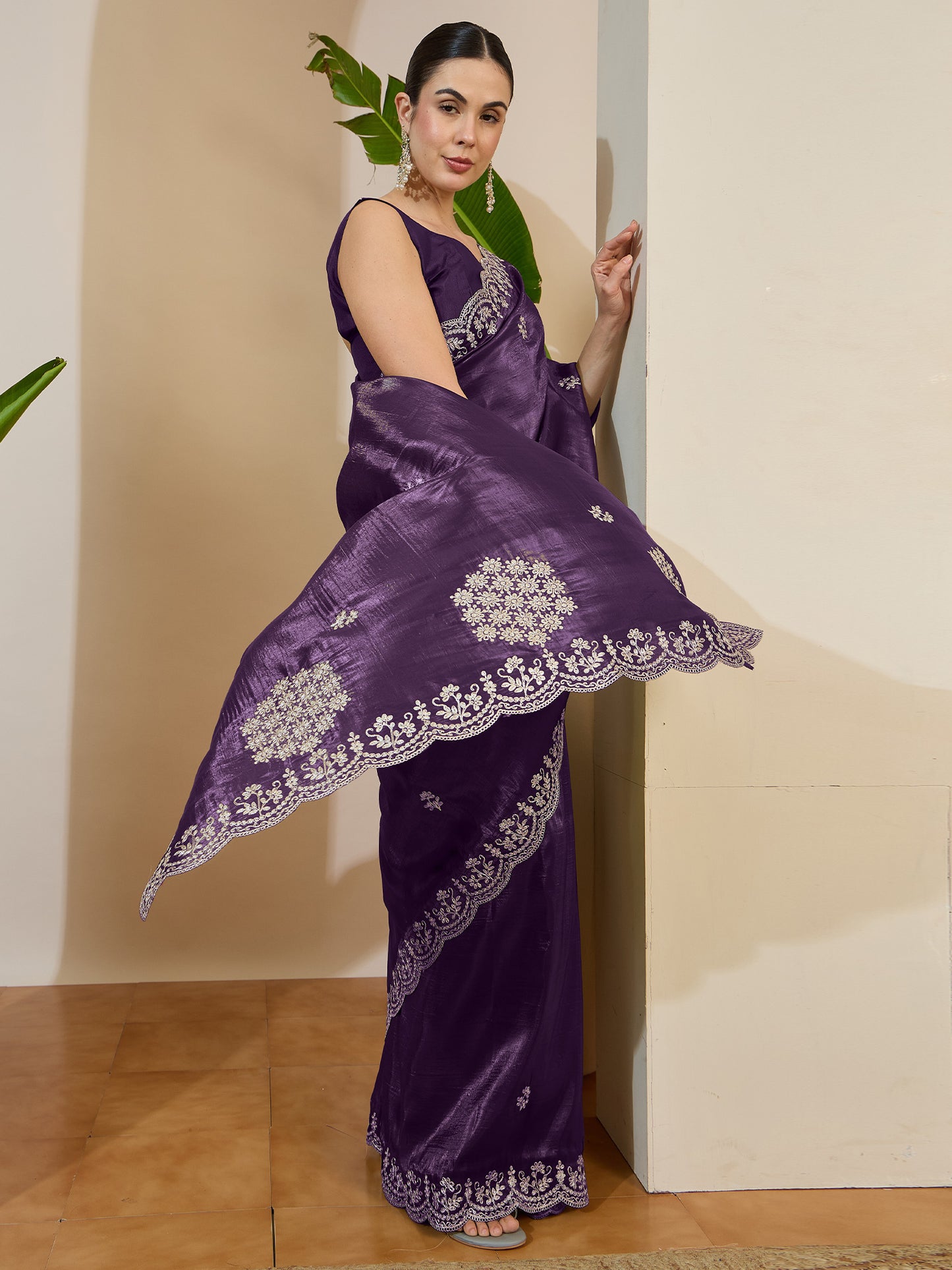 Women's Tissue Wine Zari Embroidered Designer Saree With Blouse Piece