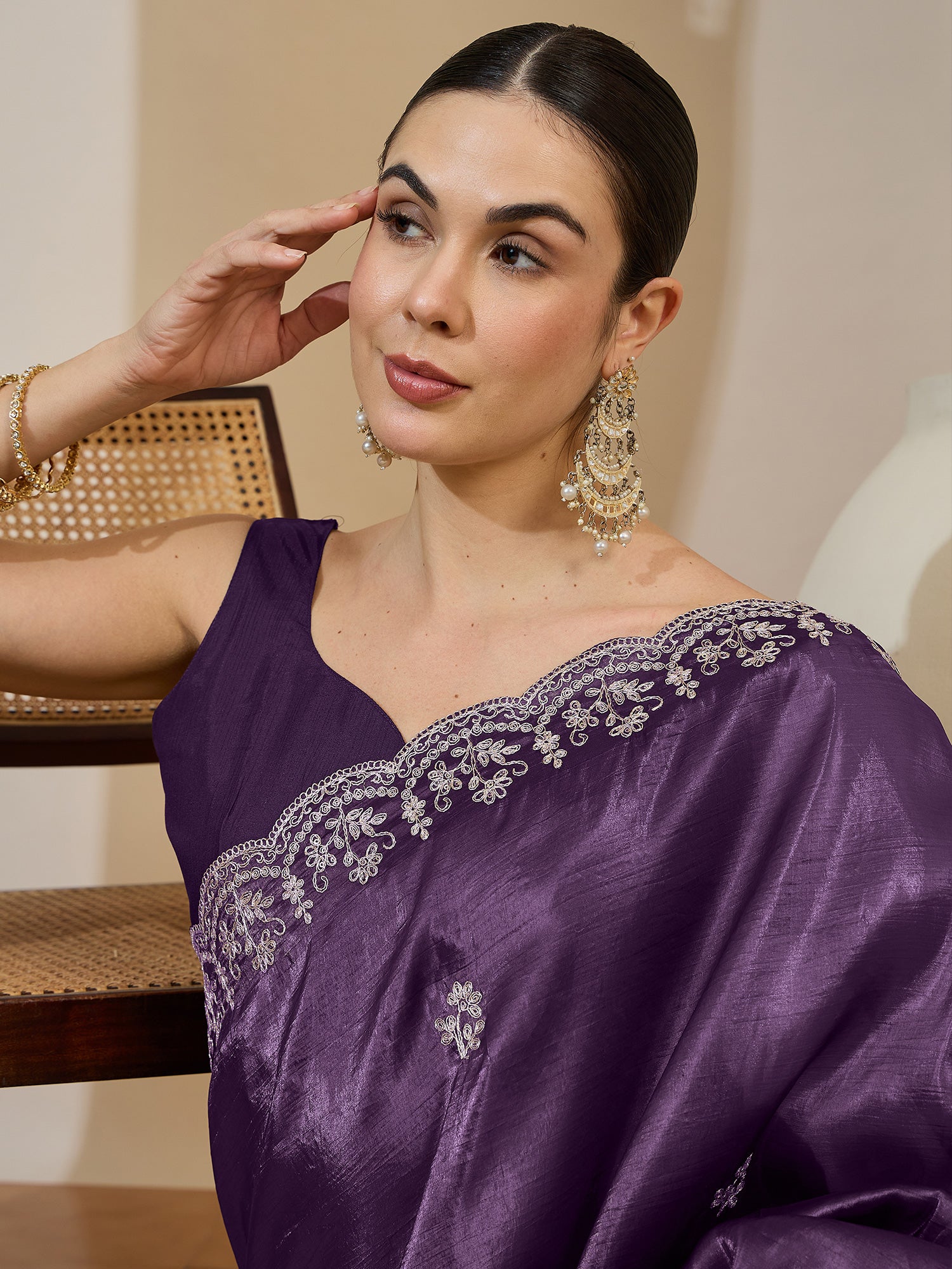 Women's Tissue Wine Zari Embroidered Designer Saree With Blouse Piece
