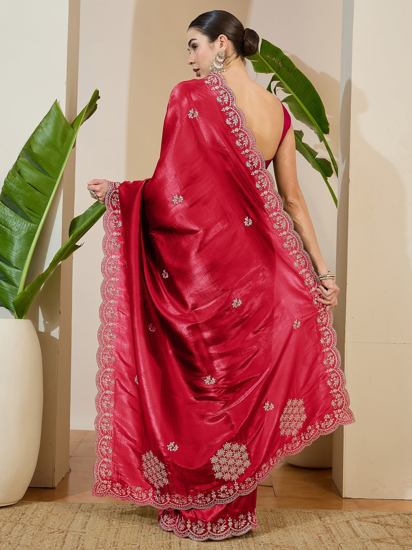 Women's Tissue Red Zari Embroidered Designer Saree With Blouse Piece