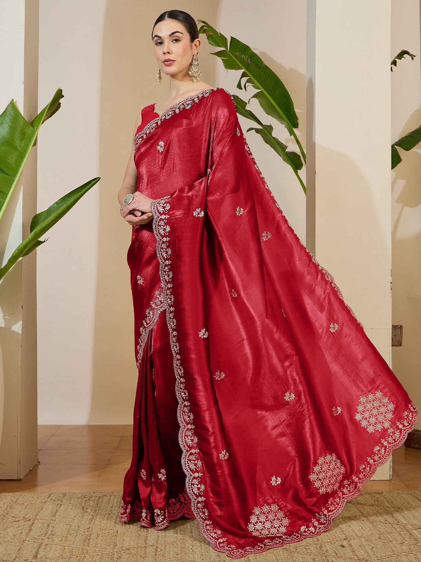 Women's Tissue Red Zari Embroidered Designer Saree With Blouse Piece