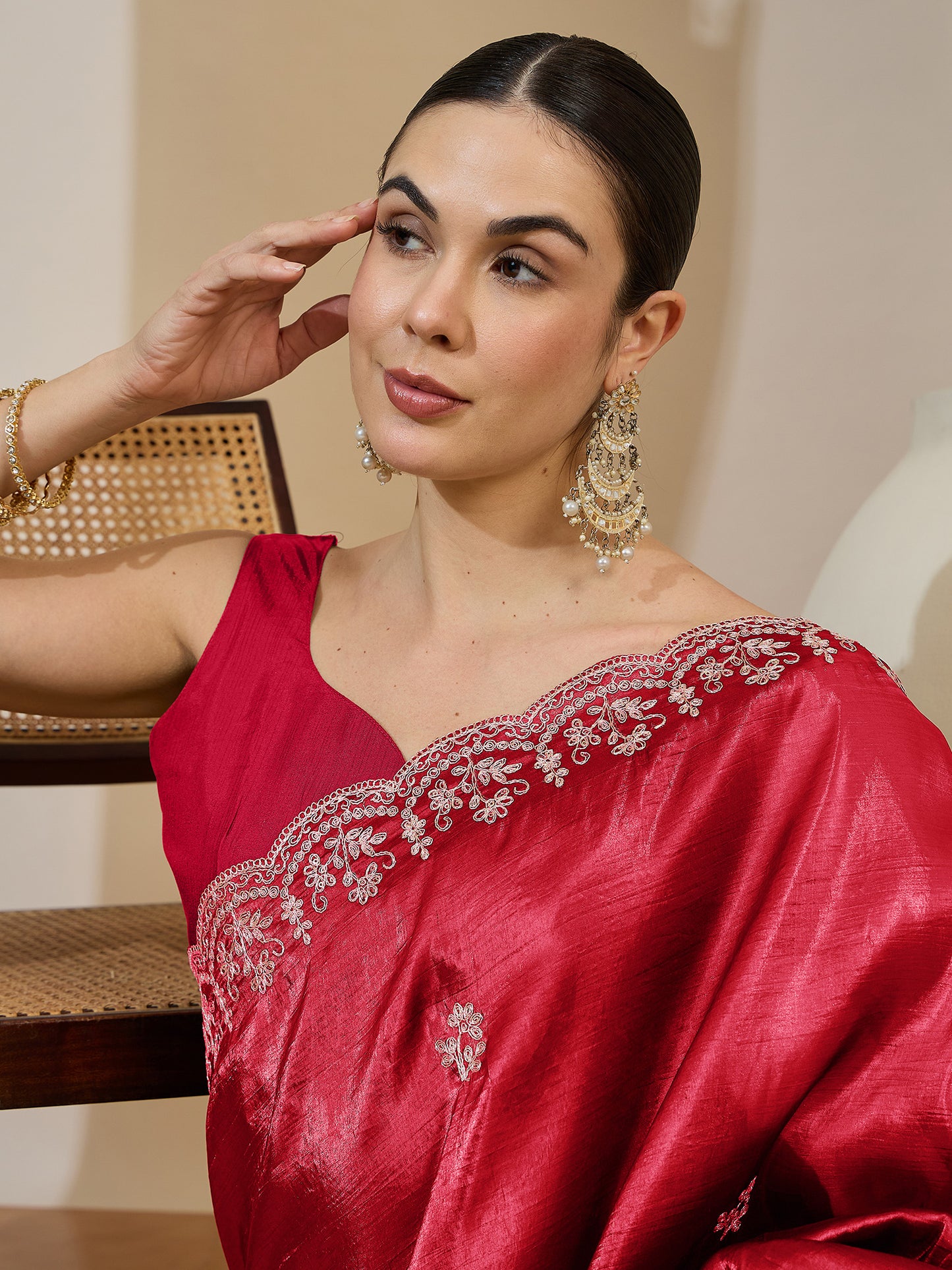 Women's Tissue Red Zari Embroidered Designer Saree With Blouse Piece