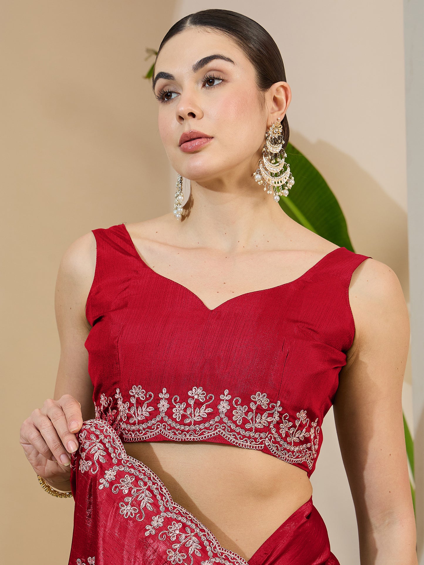 Women's Tissue Red Zari Embroidered Designer Saree With Blouse Piece