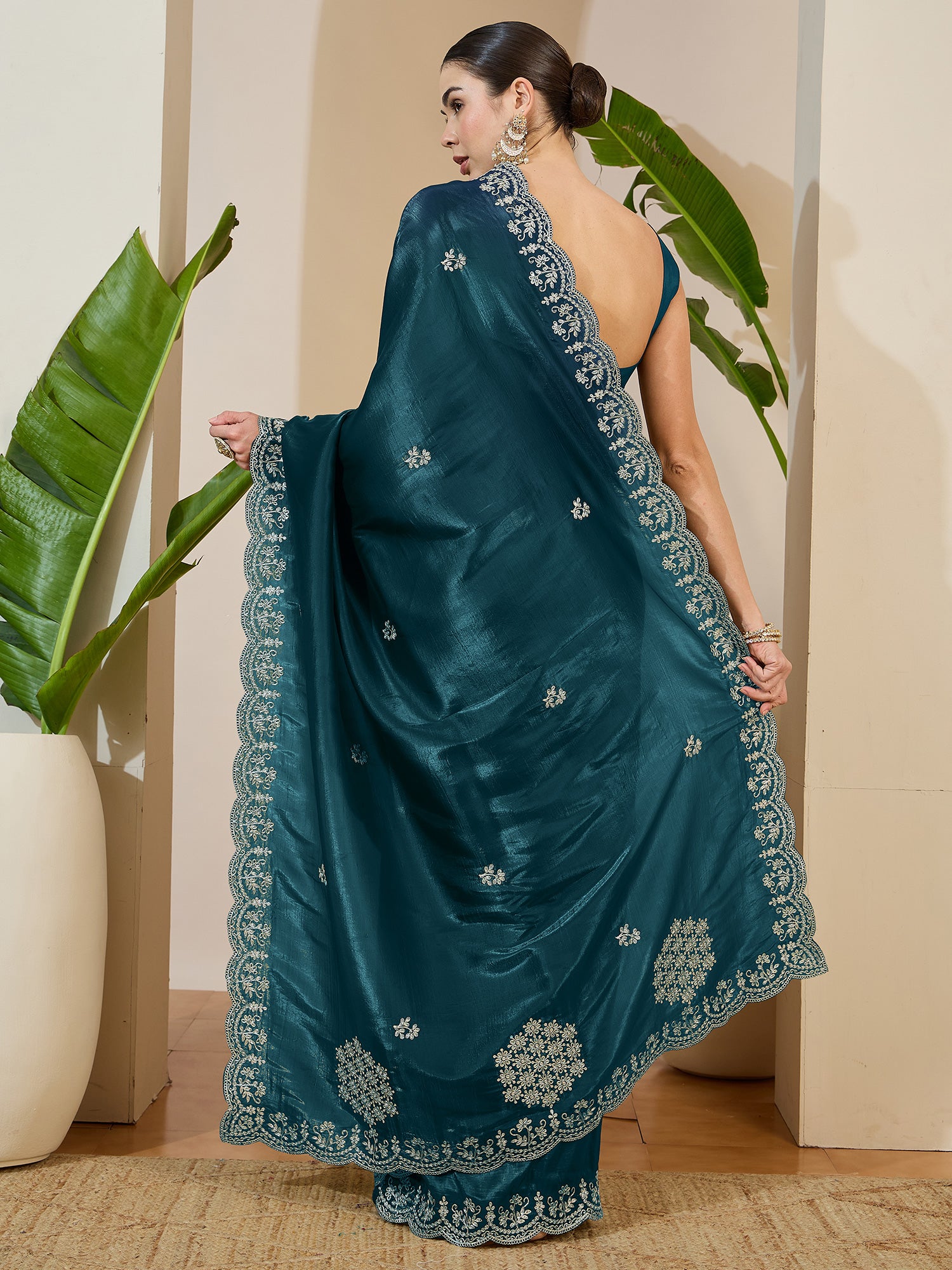Women's Tissue Teal blue Zari Embroidered Designer Saree With Blouse Piece