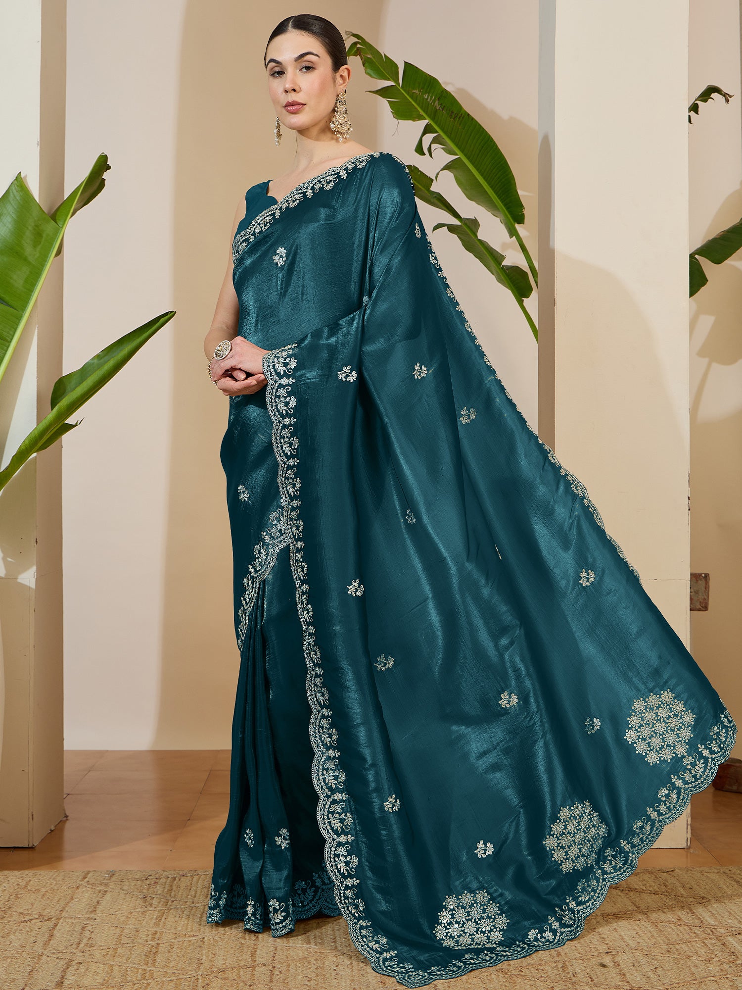 Women's Tissue Teal blue Zari Embroidered Designer Saree With Blouse Piece