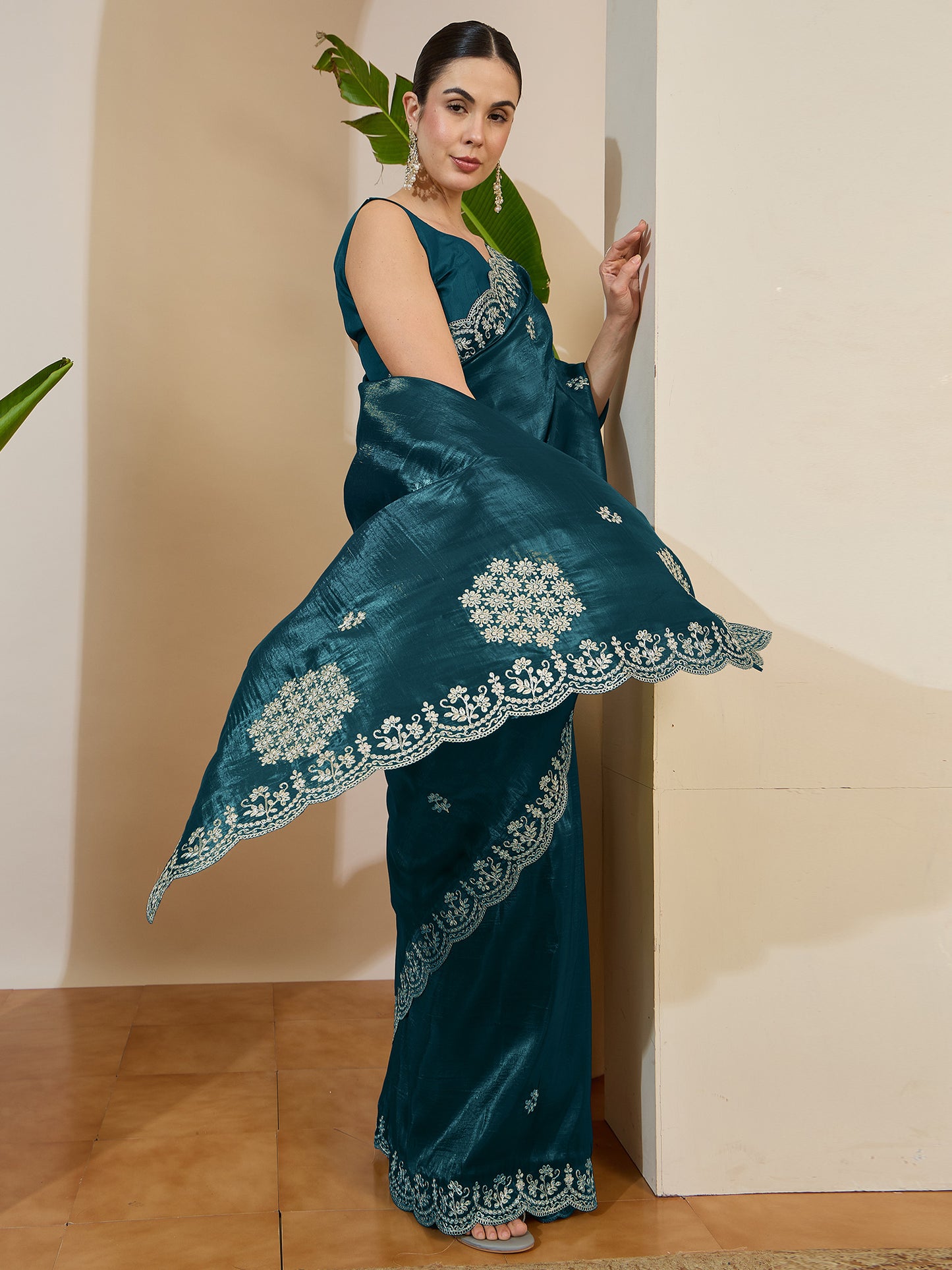 Women's Tissue Teal blue Zari Embroidered Designer Saree With Blouse Piece
