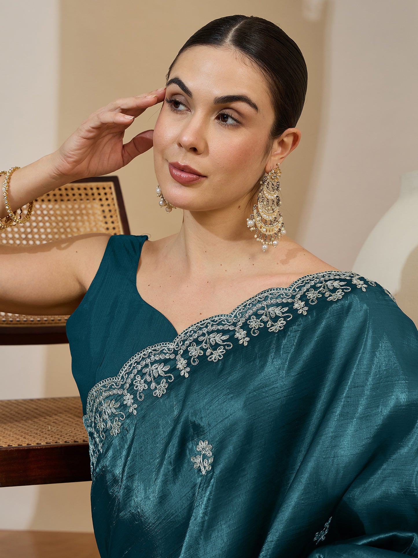 Women's Tissue Teal blue Zari Embroidered Designer Saree With Blouse Piece