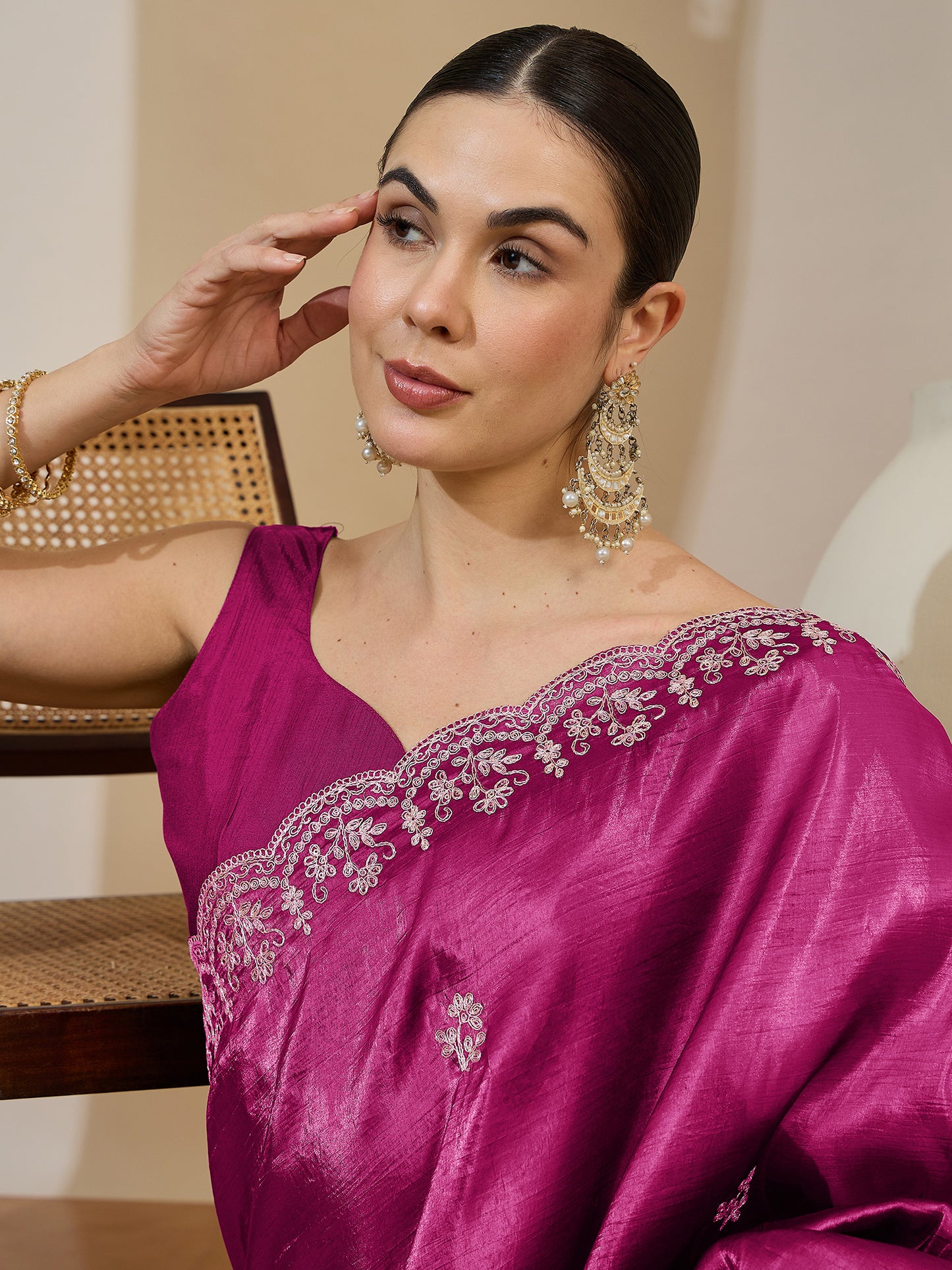 Women's Tissue Pink Zari Embroidered Designer Saree With Blouse Piece