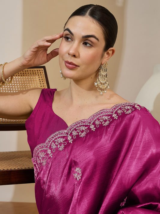 Women's Tissue Pink Zari Embroidered Designer Saree With Blouse Piece