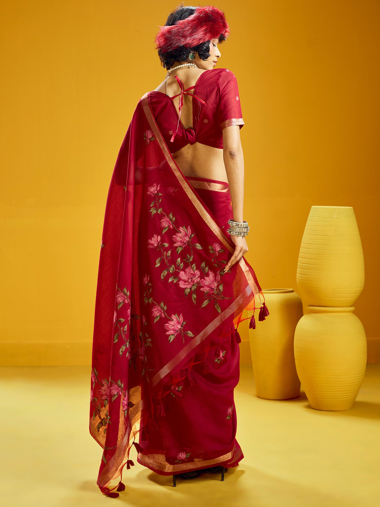 Women's Cotton Silk Red Woven Design Designer Saree With Blouse Piece