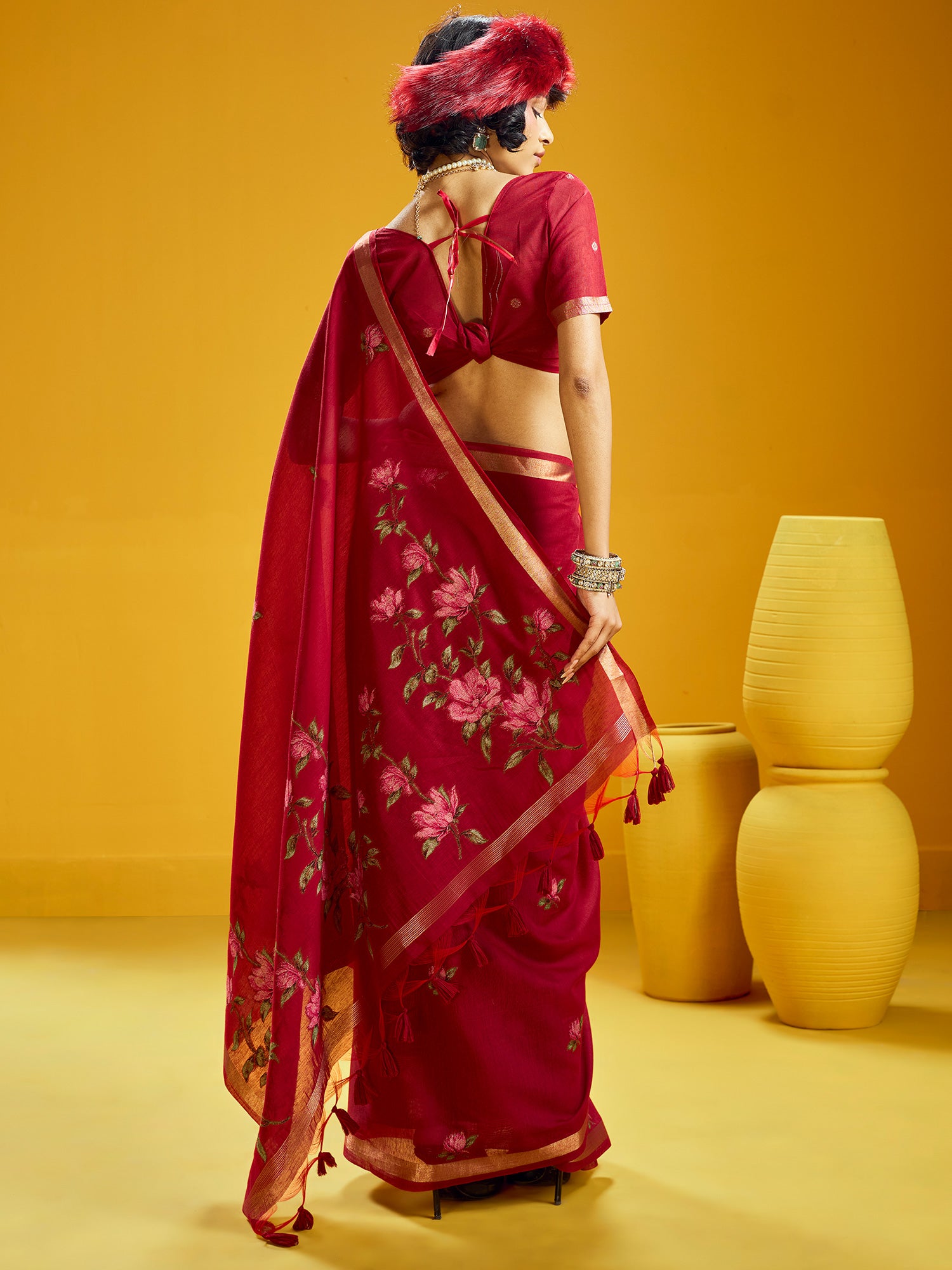 Women's Cotton Silk Red Woven Design Designer Saree With Blouse Piece