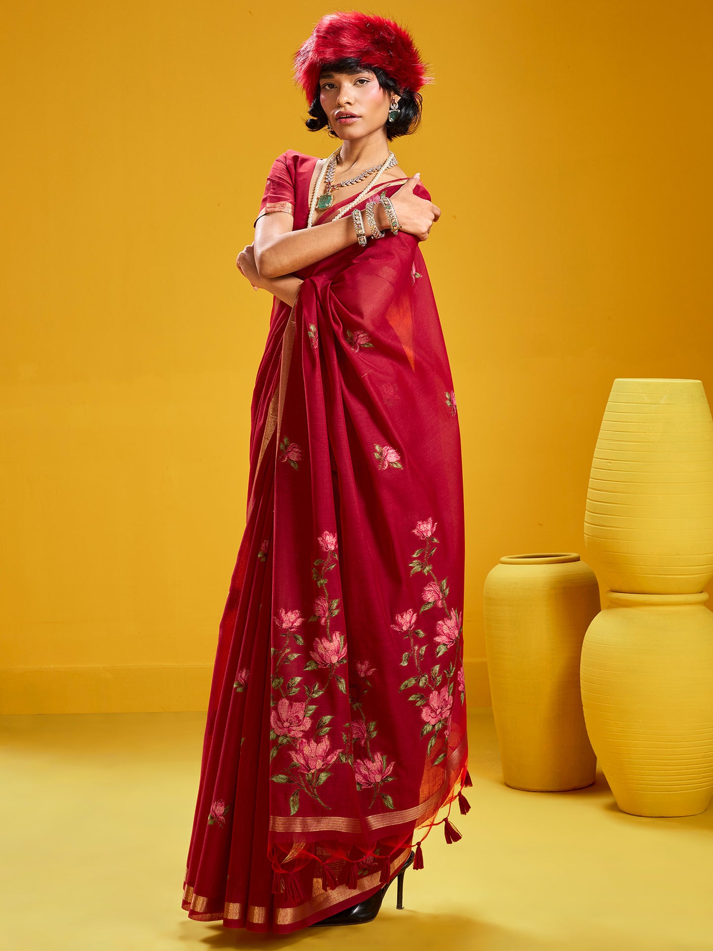 Women's Cotton Silk Red Woven Design Designer Saree With Blouse Piece