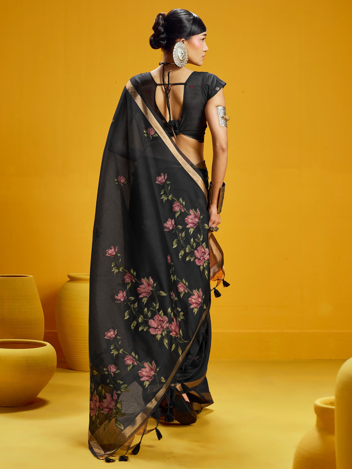 Women's Cotton Silk Black Woven Design Designer Saree With Blouse Piece