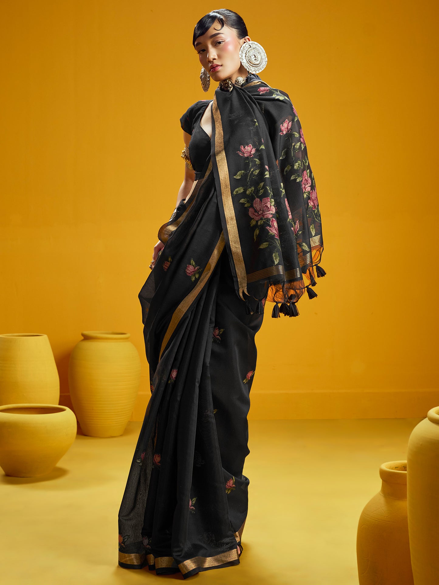 Women's Cotton Silk Black Woven Design Designer Saree With Blouse Piece