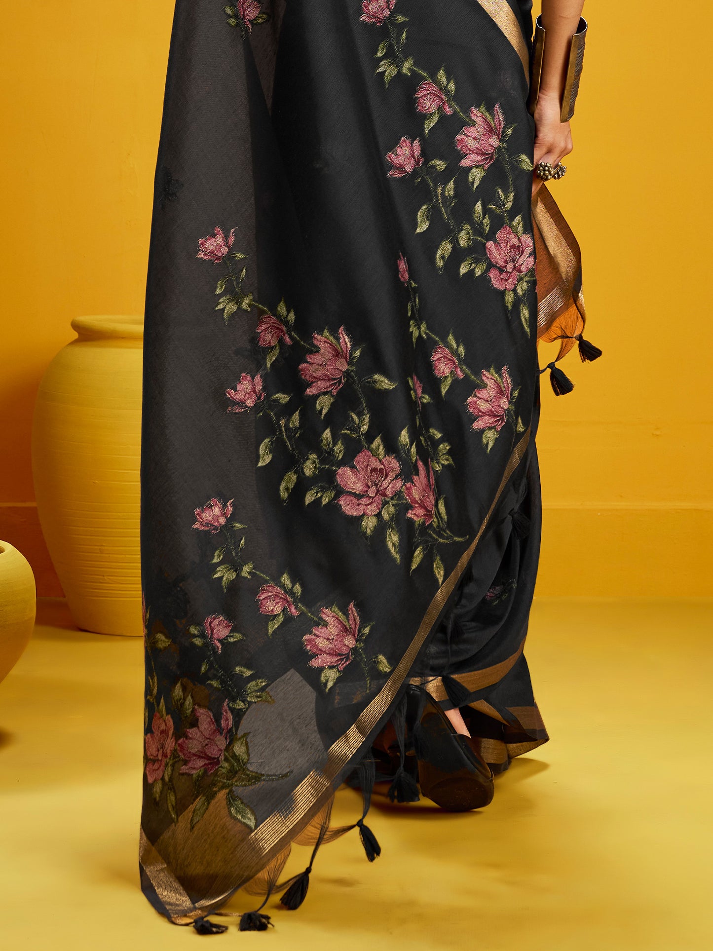 Women's Cotton Silk Black Woven Design Designer Saree With Blouse Piece