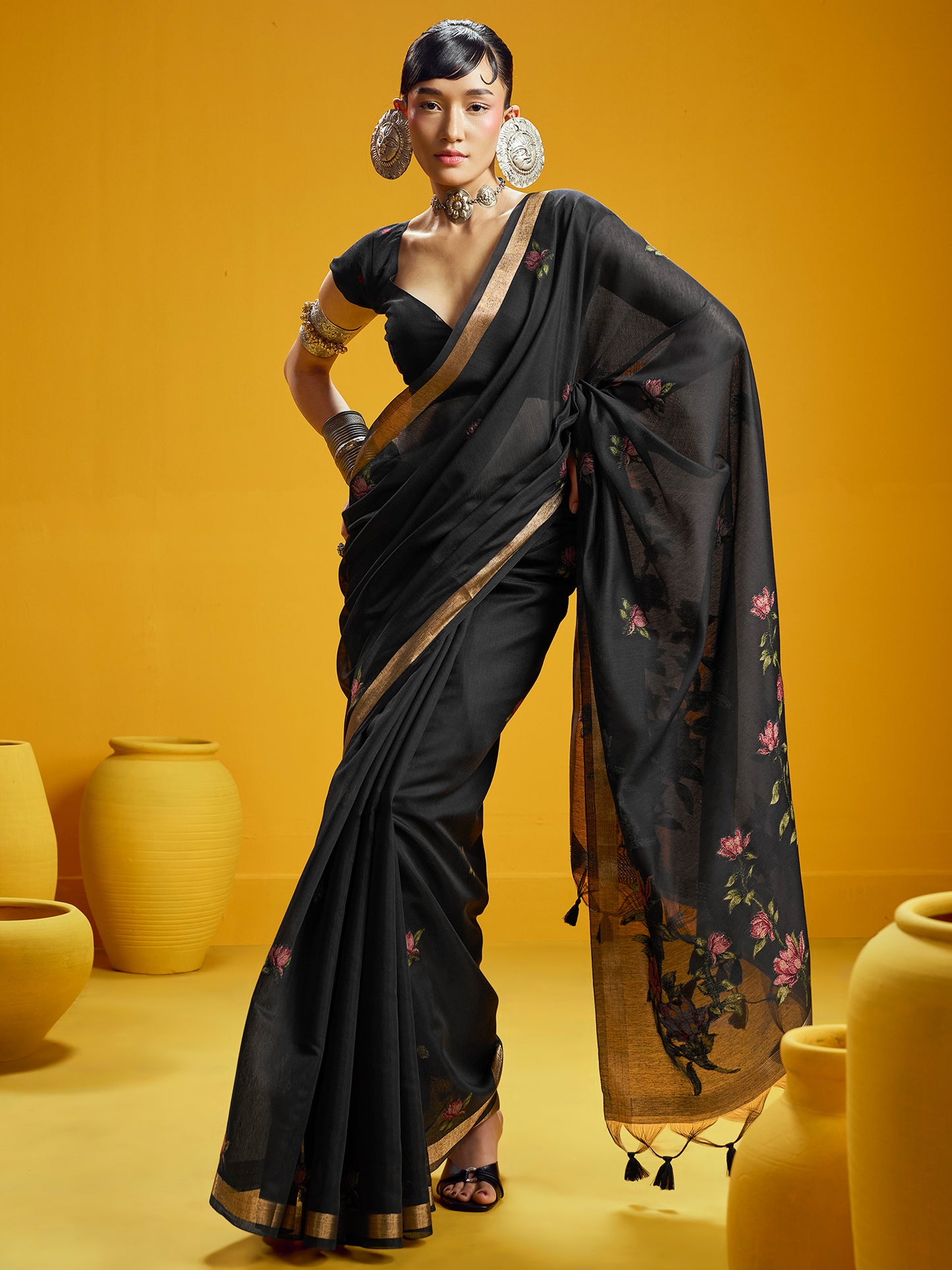 Women's Cotton Silk Black Woven Design Designer Saree With Blouse Piece