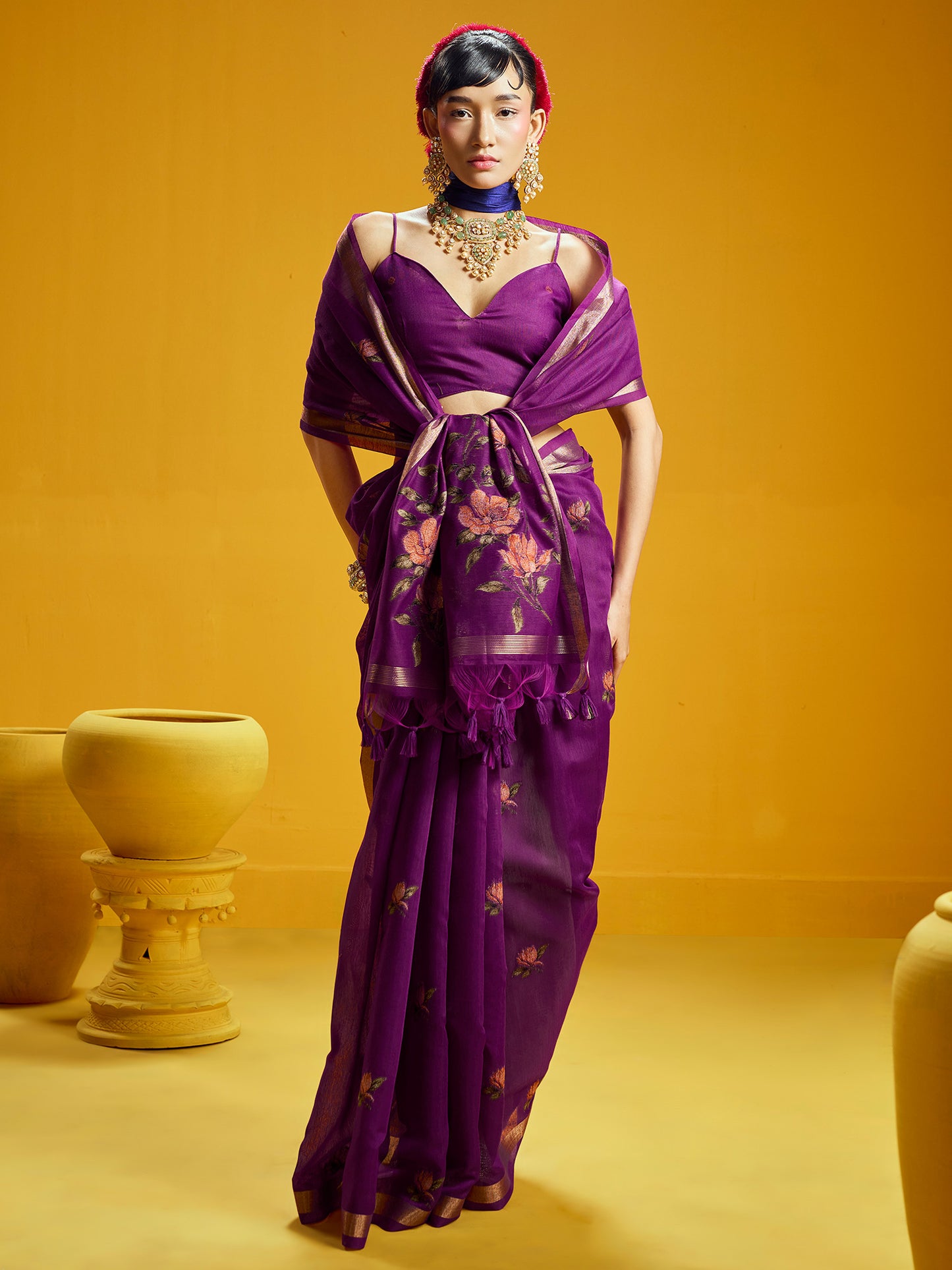 Women's Cotton Silk Magenta Woven Design Designer Saree With Blouse Piece