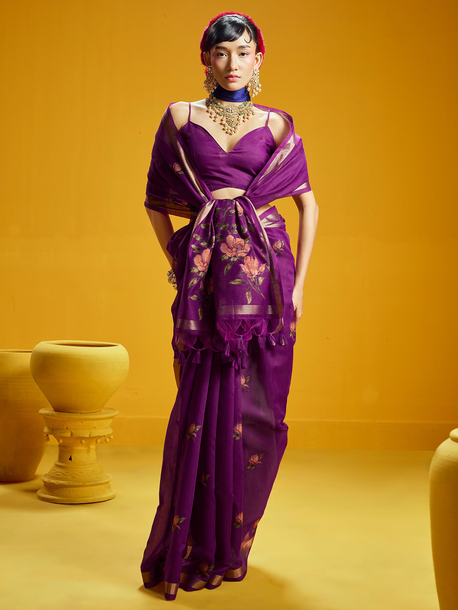Women's Cotton Silk Magenta Woven Design Designer Saree With Blouse Piece