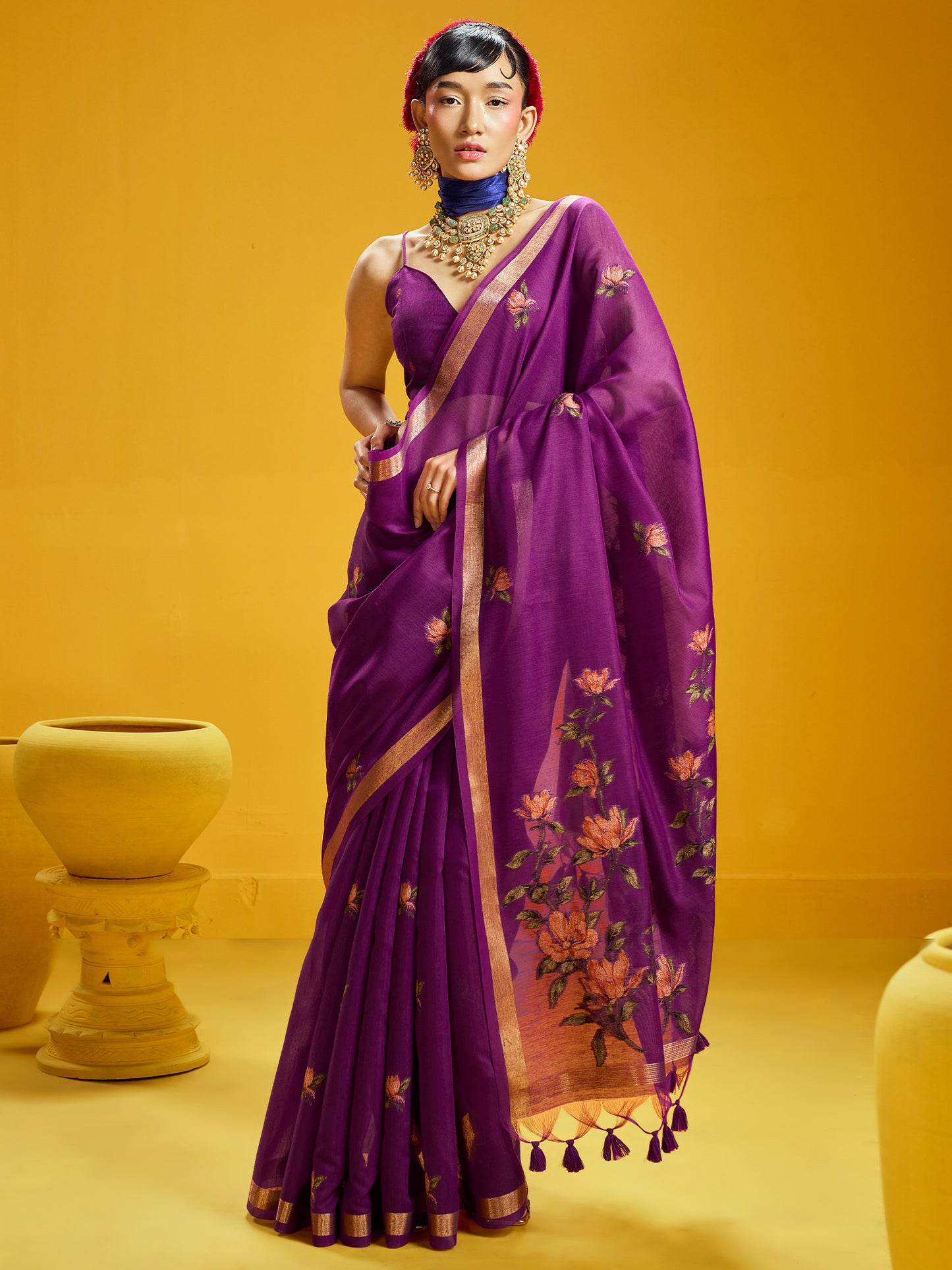 Women's Cotton Silk Magenta Woven Design Designer Saree With Blouse Piece